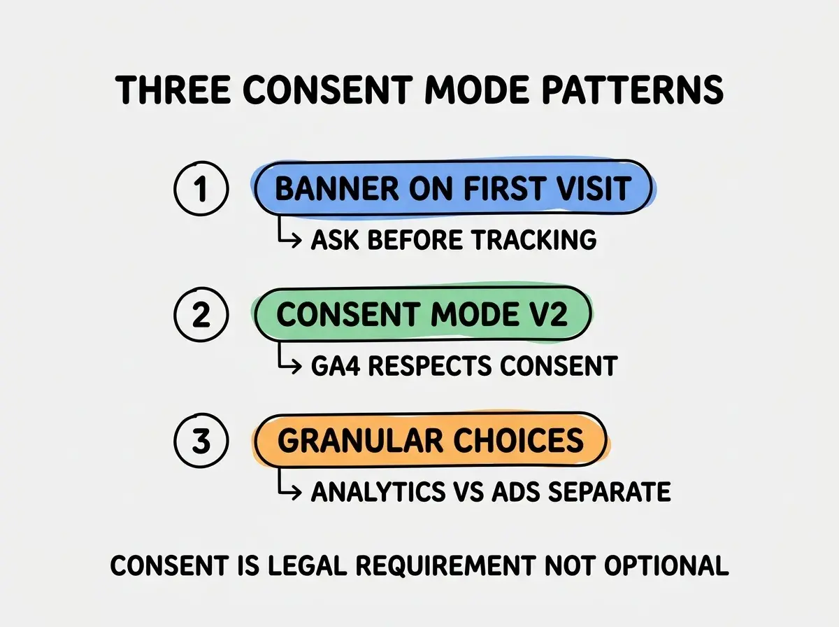 EXPLAINER DIAGRAM titled THREE CONSENT MODE PATTERNS shown as a vertical numbered list on a slate background. Three rows. Row 1 blue badge BANNER ON FIRST VISIT sublabel ASK BEFORE TRACKING. Row 2 green badge CONSENT MODE V2 sublabel GA4 RESPECTS CONSENT. Row 3 orange badge GRANULAR CHOICES sublabel ANALYTICS VS ADS SEPARATE. Footer reads CONSENT IS LEGAL REQUIREMENT NOT OPTIONAL.