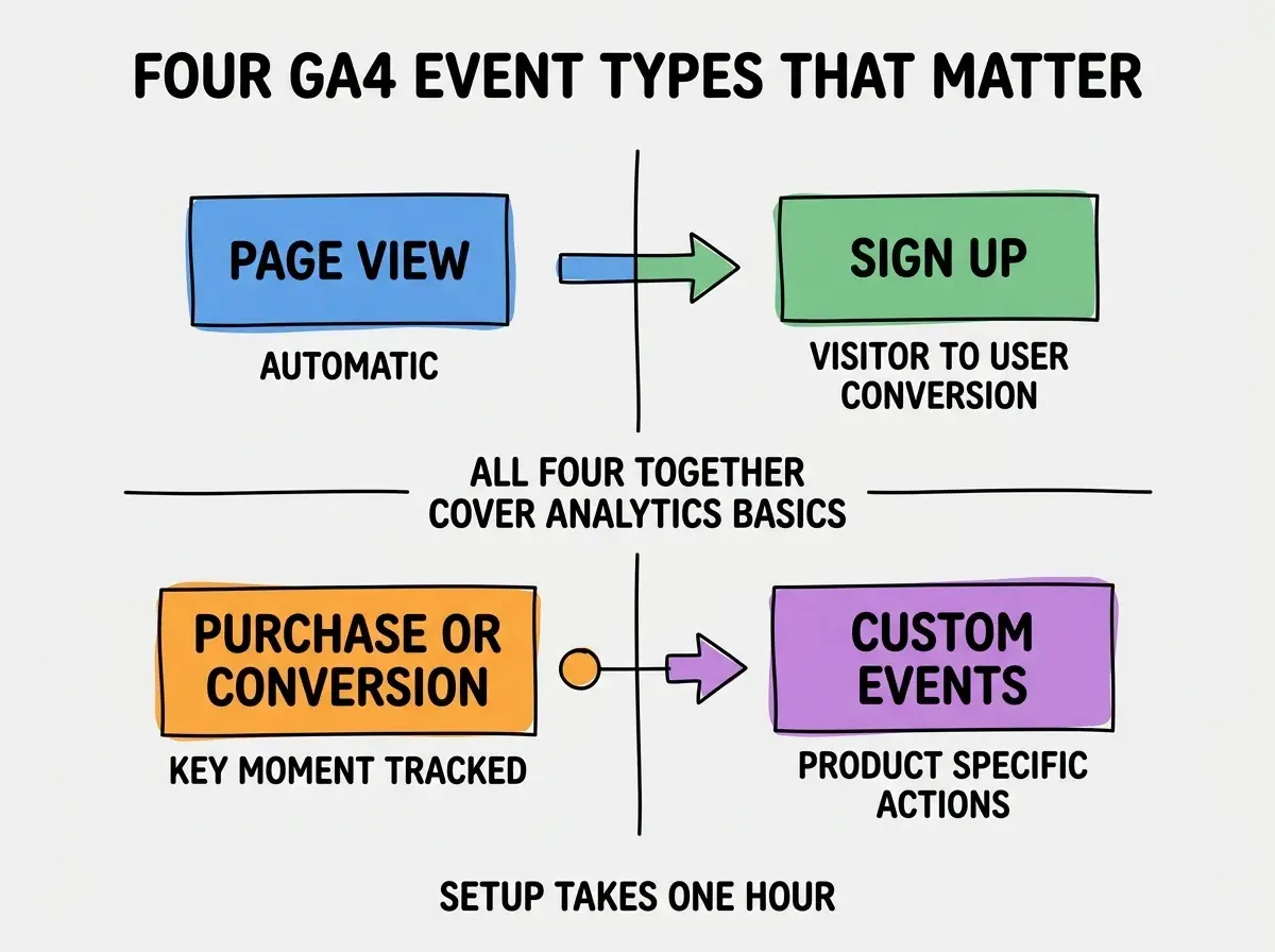 EXPLAINER DIAGRAM titled FOUR GA4 EVENT TYPES THAT MATTER shown as a 2x2 grid of quadrants on a slate background. Top left blue PAGE VIEW sublabel AUTOMATIC. Top right green SIGN UP sublabel VISITOR TO USER CONVERSION. Bottom left orange PURCHASE OR CONVERSION sublabel KEY MOMENT TRACKED. Bottom right purple CUSTOM EVENTS sublabel PRODUCT SPECIFIC ACTIONS. Center label reads ALL FOUR TOGETHER COVER ANALYTICS BASICS. Footer reads SETUP TAKES ONE HOUR.