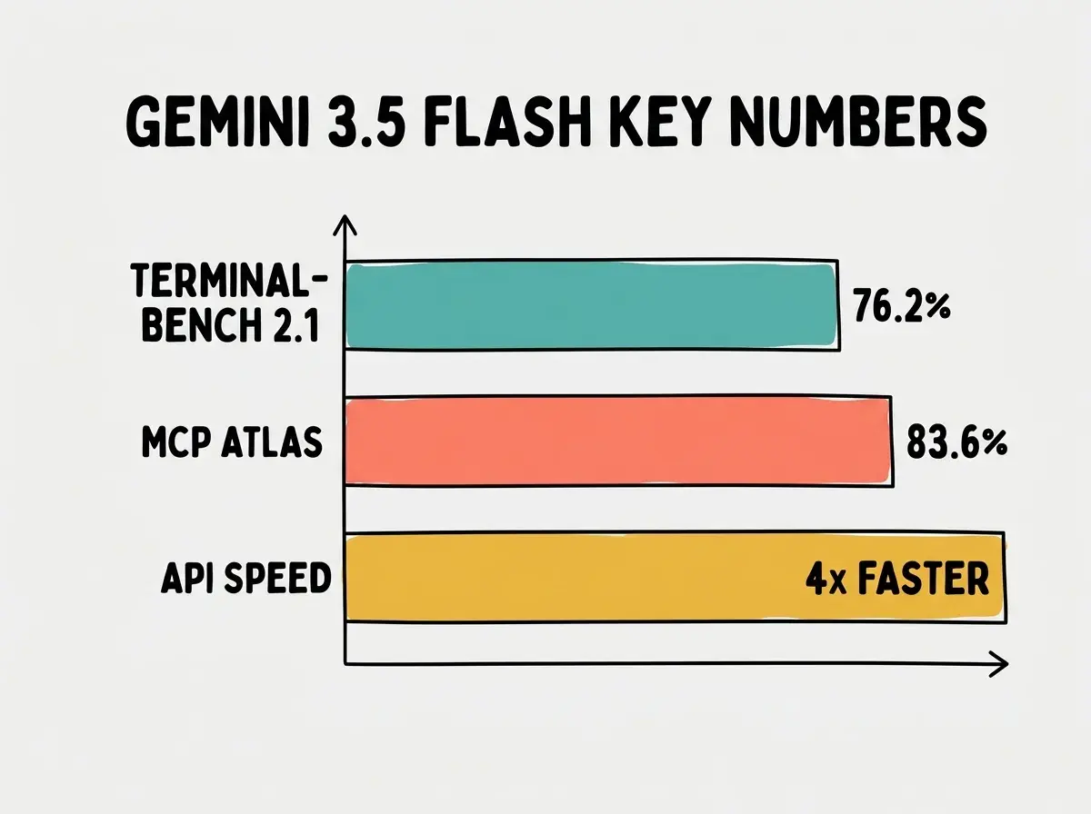 EXPLAINER DIAGRAM: Horizontal bar chart on light gray background. Bold black title at top: GEMINI 3.5 FLASH KEY NUMBERS. Three horizontal bars with left-aligned labels. Top bar in teal labeled TERMINAL-BENCH 2.1 extending 76 percent across chart with number 76.2% at right end. Middle bar in coral labeled MCP ATLAS extending 84 percent across chart with number 83.6% at right end. Bottom bar in golden yellow labeled API SPEED showing text 4x FASTER at right end. Clean minimal style, no grid lines.