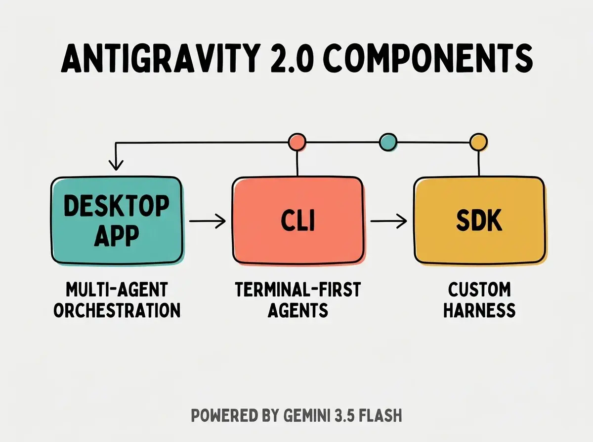 EXPLAINER DIAGRAM: Three columns on light gray background with bold black title ANTIGRAVITY 2.0 COMPONENTS at top. Left column has teal rounded box labeled DESKTOP APP with sublabel MULTI-AGENT ORCHESTRATION. Center column has coral rounded box labeled CLI with sublabel TERMINAL-FIRST AGENTS. Right column has golden yellow rounded box labeled SDK with sublabel CUSTOM HARNESS. Simple black arrows connect the three columns horizontally. Footer in dark gray: POWERED BY GEMINI 3.5 FLASH.