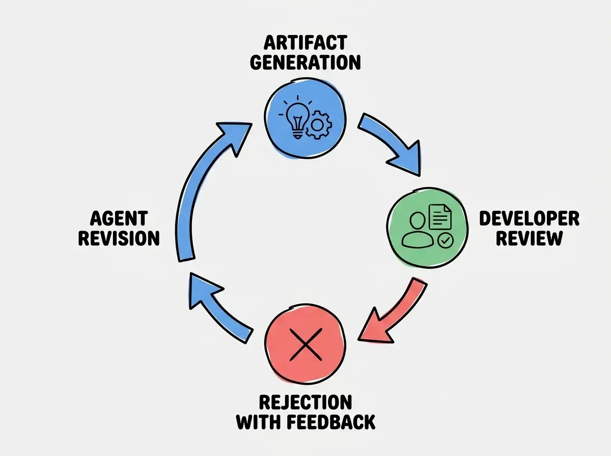 EXPLAINER DIAGRAM: A circular flow showing Artifact Generation, Developer Review, Rejection with Feedback, and Agent Revision.