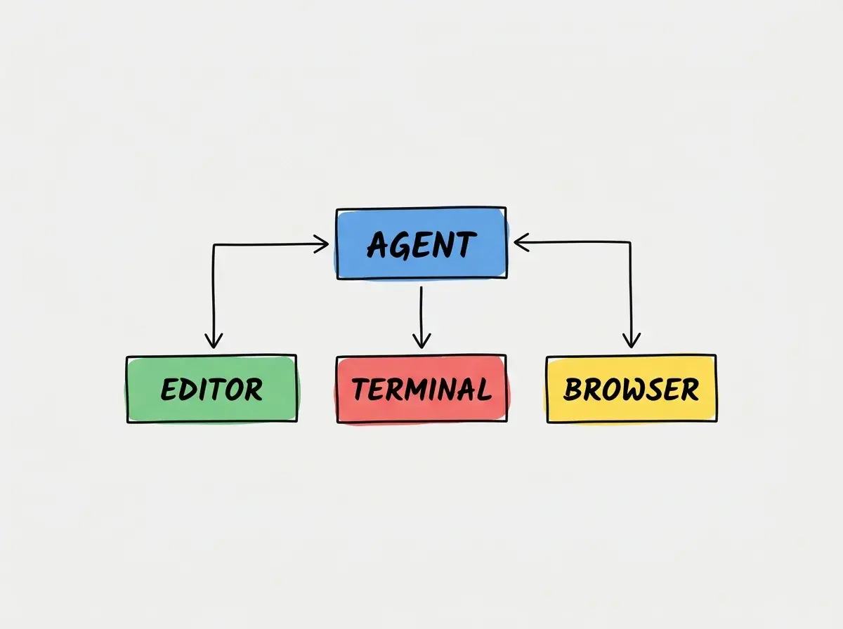 One central box labeled AGENT connected to three boxes labeled EDITOR, TERMINAL, BROWSER. Exactly four boxes and no other text.
