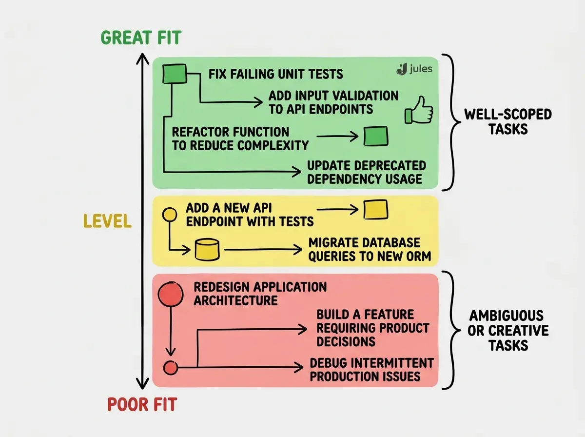 EXPLAINER DIAGRAM: A vertical task suitability scale on white background. The scale runs from top (GREAT FIT) in green to bottom (POOR FIT) in red. At the top in the green zone are items: Fix failing unit tests, Add input validation to API endpoints, Refactor function to reduce complexity, Update deprecated dependency usage. In the middle yellow zone: Add a new API endpoint with tests, Migrate database queries to new ORM. At the bottom red zone: Redesign application architecture, Build a feature requiring product decisions, Debug intermittent production issues. A bracket on the right labels the green zone as WELL-SCOPED TASKS and the red zone as AMBIGUOUS OR CREATIVE TASKS. A small Jules logo sits next to the green zone with a thumbs up.