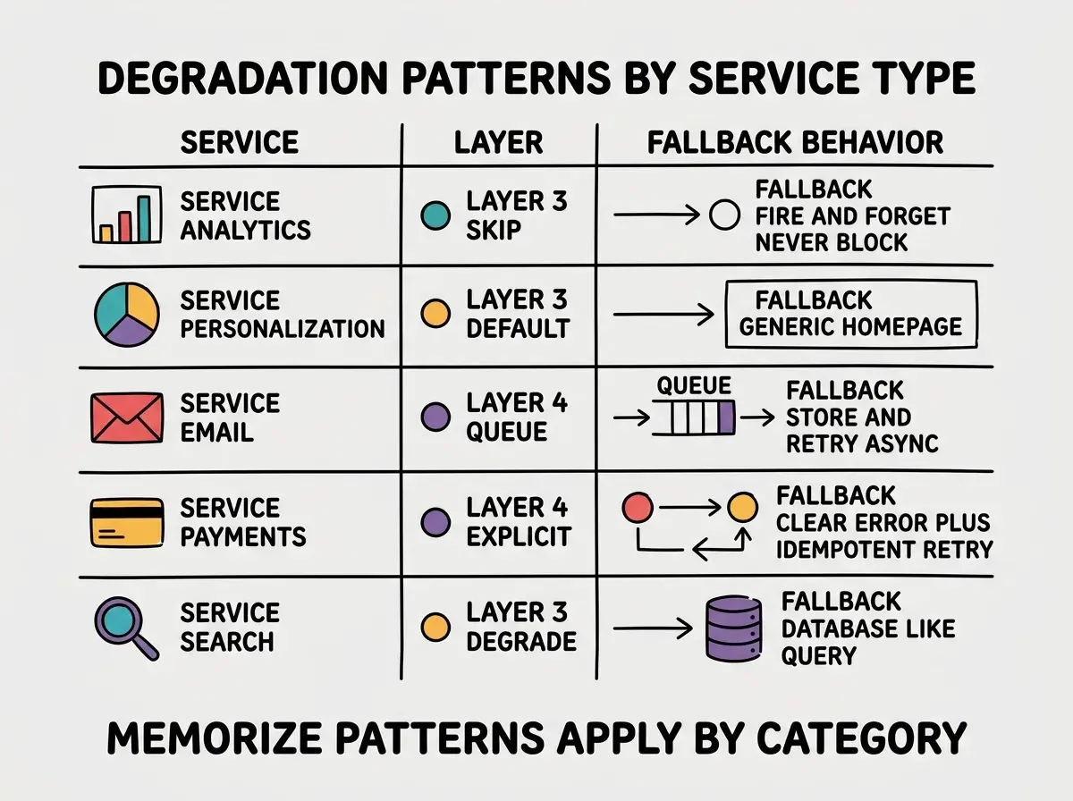 EXPLAINER DIAGRAM titled DEGRADATION PATTERNS BY SERVICE TYPE shown as a five row table on a slate background. Columns SERVICE, TYPICAL LAYER, FALLBACK BEHAVIOR. Row 1 SERVICE ANALYTICS, LAYER 3 SKIP, FALLBACK FIRE AND FORGET NEVER BLOCK. Row 2 SERVICE PERSONALIZATION, LAYER 3 DEFAULT, FALLBACK GENERIC HOMEPAGE OR POPULAR ITEMS. Row 3 SERVICE EMAIL, LAYER 4 QUEUE, FALLBACK STORE AND RETRY ASYNC. Row 4 SERVICE PAYMENTS, LAYER 4 EXPLICIT, FALLBACK CLEAR ERROR PLUS IDEMPOTENT RETRY. Row 5 SERVICE SEARCH, LAYER 3 DEGRADE, FALLBACK DATABASE LIKE QUERY. Each row has a colored dot indicating the layer color. Footer reads MEMORIZE PATTERNS APPLY BY CATEGORY.