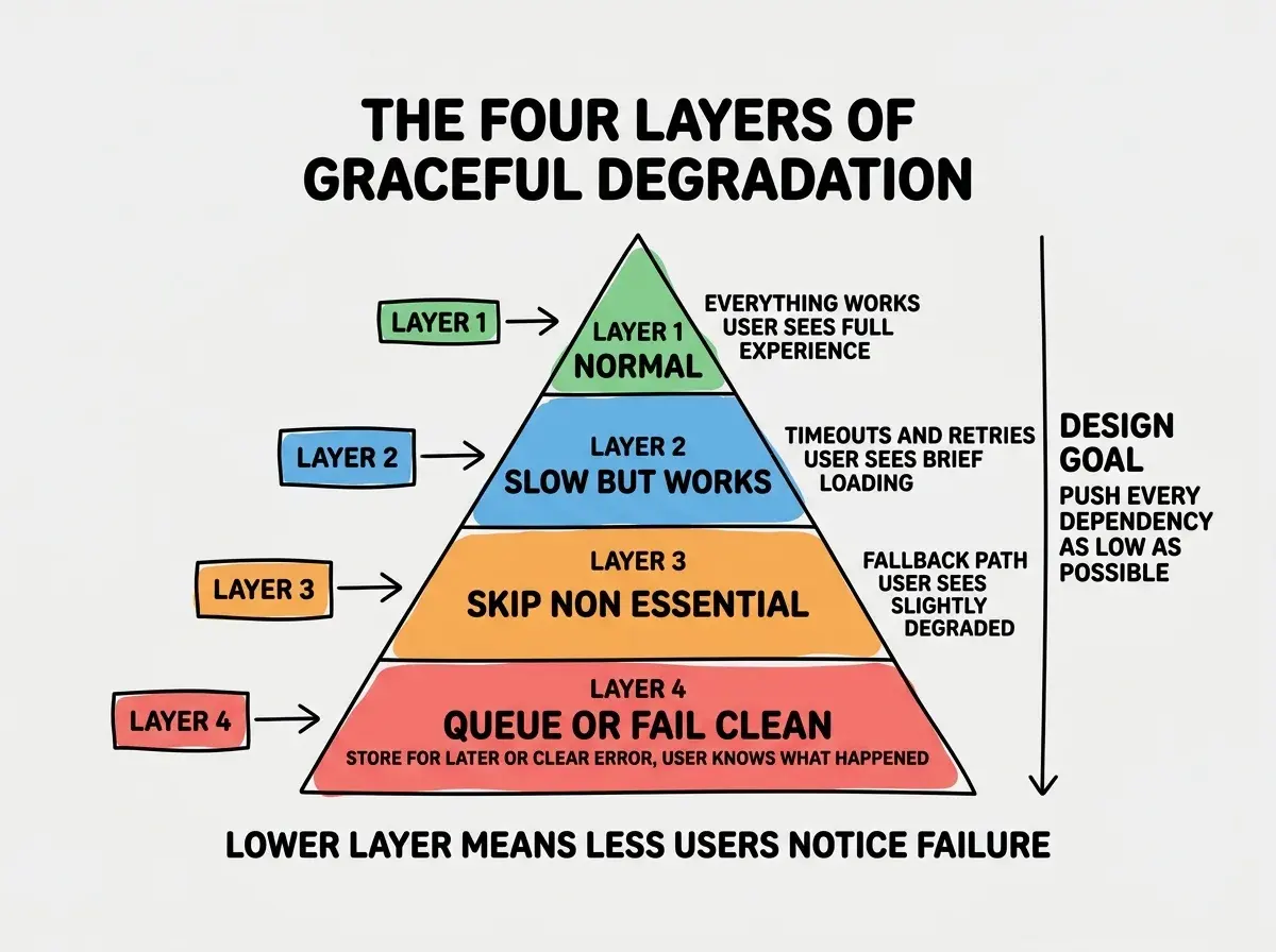 EXPLAINER DIAGRAM titled THE FOUR LAYERS OF GRACEFUL DEGRADATION shown as a pyramid on a slate background. Four horizontal bands stacked vertically, each band a different color. Top band in green labeled LAYER 1 NORMAL with small text reading EVERYTHING WORKS USER SEES FULL EXPERIENCE. Below in blue labeled LAYER 2 SLOW BUT WORKS with text reading TIMEOUTS AND RETRIES USER SEES BRIEF LOADING. Below in orange labeled LAYER 3 SKIP NON ESSENTIAL with text reading FALLBACK PATH USER SEES SLIGHTLY DEGRADED VERSION. Bottom band in red labeled LAYER 4 QUEUE OR FAIL CLEAN with text reading STORE FOR LATER OR CLEAR ERROR MESSAGE USER KNOWS WHAT HAPPENED. A side annotation labeled DESIGN GOAL points down the layers with text reading PUSH EVERY DEPENDENCY AS LOW AS POSSIBLE ACCEPT FAILURE LATE NOT EARLY. A footer reads THE LOWER THE LAYER THE LESS USERS NOTICE A FAILURE.