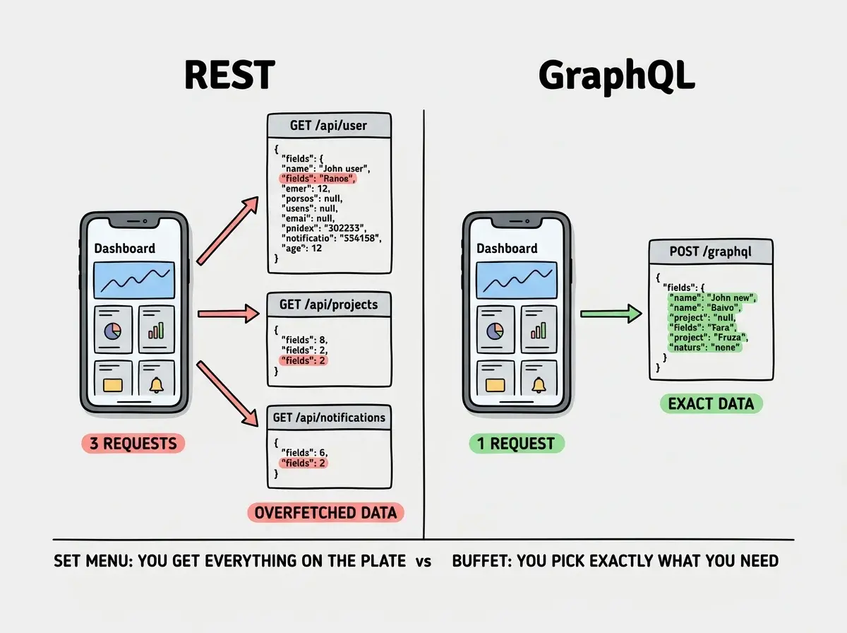 EXPLAINER DIAGRAM: A side-by-side comparison on white background. LEFT SIDE labeled REST shows a mobile phone screen with a Dashboard mockup, with three separate arrows going to three endpoint boxes: GET /api/user (returning a large JSON blob with 12 fields, only 2 highlighted as NEEDED), GET /api/projects (returning 8 fields, only 2 highlighted), GET /api/notifications (returning 6 fields, only 2 highlighted). Labels read 3 REQUESTS and OVERFETCHED DATA in red. RIGHT SIDE labeled GraphQL shows the same mobile phone Dashboard, with ONE arrow going to a single endpoint box labeled POST /graphql. The response shows a compact JSON with only the 6 fields needed, all highlighted green. Labels read 1 REQUEST and EXACT DATA in green. A horizontal divider at bottom reads SET MENU: you get everything on the plate vs BUFFET: you pick exactly what you need.