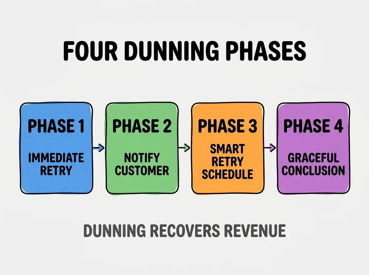 Clean modern flat infographic on light gray background. Top center bold black title text: FOUR DUNNING PHASES. Below title, four equal sized colored rounded rectangle cards arranged horizontally with arrows. Card 1 blue: large bold text PHASE 1 then smaller text IMMEDIATE RETRY. Card 2 green: large bold text PHASE 2 then smaller text NOTIFY CUSTOMER. Card 3 orange: large bold text PHASE 3 then smaller text SMART RETRY SCHEDULE. Card 4 purple: large bold text PHASE 4 then smaller text GRACEFUL CONCLUSION. Single footer line below cards in dark gray text: DUNNING RECOVERS REVENUE. Nothing else on canvas. No text outside cards or below cards.