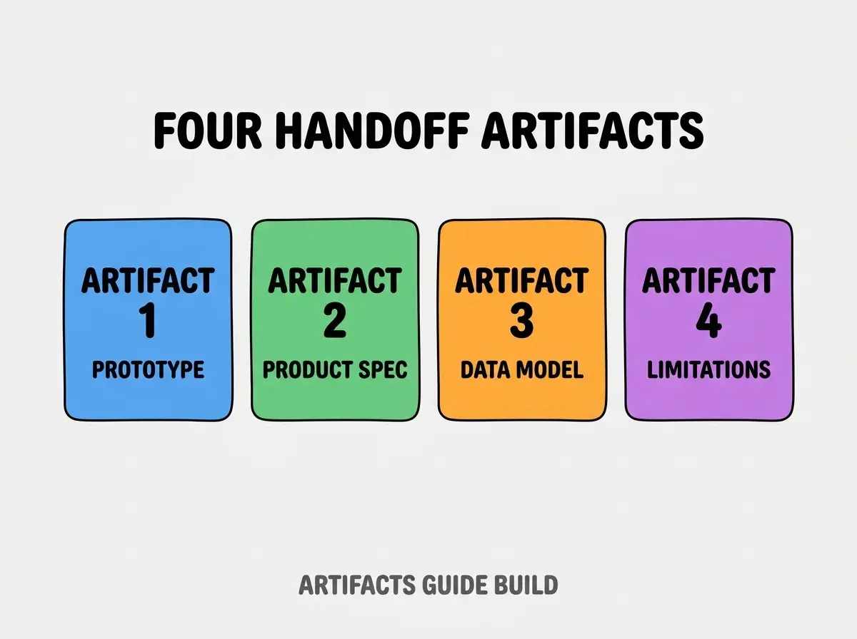 Clean modern flat infographic on light gray background. Top center bold black title text: FOUR HANDOFF ARTIFACTS. Below title, four equal sized colored rounded rectangle cards arranged horizontally. Card 1 blue: large bold text ARTIFACT 1 then smaller text PROTOTYPE. Card 2 green: large bold text ARTIFACT 2 then smaller text PRODUCT SPEC. Card 3 orange: large bold text ARTIFACT 3 then smaller text DATA MODEL. Card 4 purple: large bold text ARTIFACT 4 then smaller text LIMITATIONS. Single footer line below cards in dark gray text: ARTIFACTS GUIDE BUILD. Nothing else on canvas. No text outside cards or below cards.