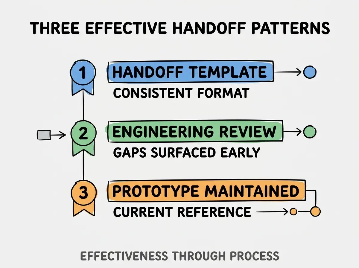 Clean modern flat infographic on light gray background. Top title bold black: THREE EFFECTIVE HANDOFF PATTERNS. Single vertical numbered list with three rows. Row 1 blue badge HANDOFF TEMPLATE with subtitle CONSISTENT FORMAT. Row 2 green badge ENGINEERING REVIEW with subtitle GAPS SURFACED EARLY. Row 3 orange badge PROTOTYPE MAINTAINED with subtitle CURRENT REFERENCE. Footer text dark gray: EFFECTIVENESS THROUGH PROCESS. Each label appears exactly once. No duplicated text.