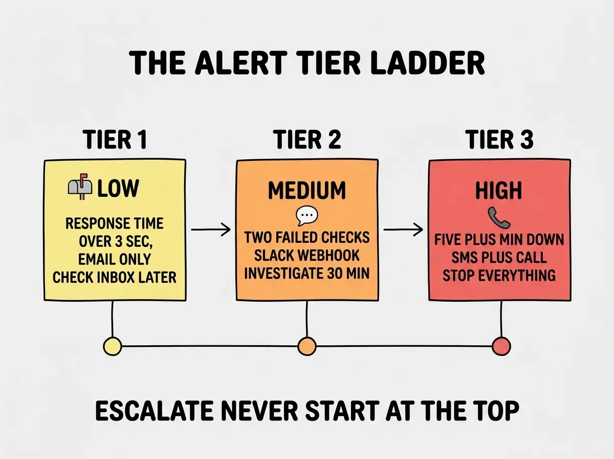 EXPLAINER DIAGRAM titled THE ALERT TIER LADDER as a horizontal flow with three tiers as colored boxes connected by arrows on a slate background. Left tier in soft yellow labeled TIER 1 LOW shows a small mailbox icon, the rule reads RESPONSE TIME OVER 3 SECONDS, the channel reads EMAIL ONLY, the example reads CHECK WHEN YOU NEXT OPEN INBOX. Middle tier in orange labeled TIER 2 MEDIUM shows a chat bubble icon, the rule reads TWO CONSECUTIVE FAILED CHECKS, the channel reads SLACK OR DISCORD WEBHOOK, the example reads INVESTIGATE WITHIN 30 MINUTES. Right tier in red labeled TIER 3 HIGH shows a phone icon, the rule reads FIVE PLUS MINUTES OF DOWN OR PAYMENTS DOWN, the channel reads SMS PLUS PHONE CALL, the example reads STOP WHATEVER YOU ARE DOING. Below the three tiers a footer reads ESCALATE NEVER START AT THE TOP.