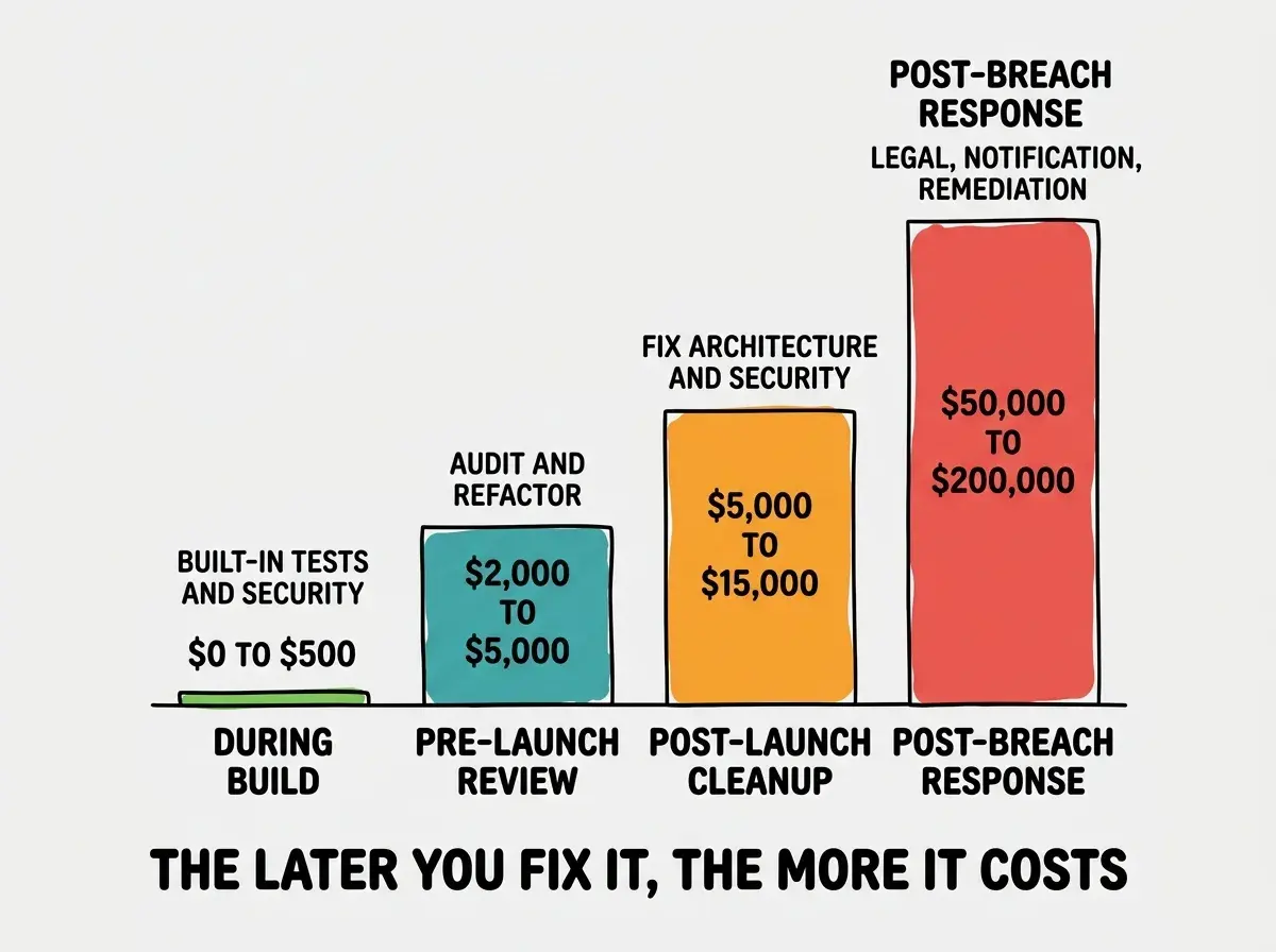 EXPLAINER DIAGRAM: A stacked bar chart showing the cost of fixing problems at different stages. Four bars from left to right. First bar labeled DURING BUILD in green, shortest, shows $0 to $500 with text BUILT-IN TESTS AND SECURITY. Second bar labeled PRE-LAUNCH REVIEW in teal, medium height, shows $2,000 to $5,000 with text AUDIT AND REFACTOR. Third bar labeled POST-LAUNCH CLEANUP in orange, tall, shows $5,000 to $15,000 with text FIX ARCHITECTURE AND SECURITY. Fourth bar labeled POST-BREACH RESPONSE in red, tallest, shows $50,000 to $200,000 with text LEGAL, NOTIFICATION, REMEDIATION. Below the chart, text reads THE LATER YOU FIX IT, THE MORE IT COSTS.