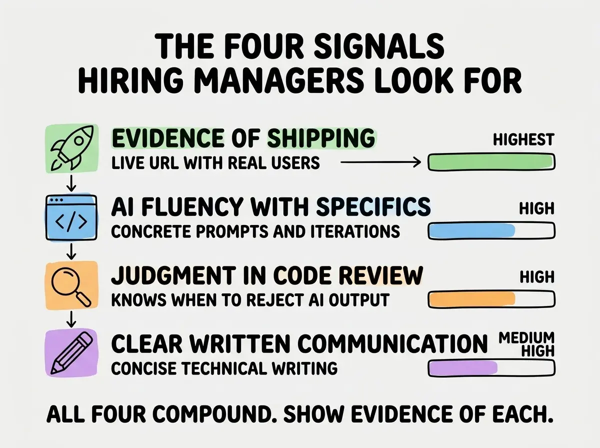 EXPLAINER DIAGRAM titled THE FOUR SIGNALS HIRING MANAGERS LOOK FOR shown as a vertical list on a slate background. Signal 1 EVIDENCE OF SHIPPING in green with rocket icon, sublabel LIVE URL WITH REAL USERS, weight HIGHEST. Signal 2 AI FLUENCY WITH SPECIFICS in blue with code icon, sublabel CONCRETE PROMPTS AND ITERATIONS, weight HIGH. Signal 3 JUDGMENT IN CODE REVIEW in orange with magnifying glass icon, sublabel KNOWS WHEN TO REJECT AI OUTPUT, weight HIGH. Signal 4 CLEAR WRITTEN COMMUNICATION in purple with pencil icon, sublabel CONCISE TECHNICAL WRITING, weight MEDIUM HIGH. Each signal has a colored weight bar. Footer reads ALL FOUR COMPOUND. SHOW EVIDENCE OF EACH IN YOUR APPLICATION.