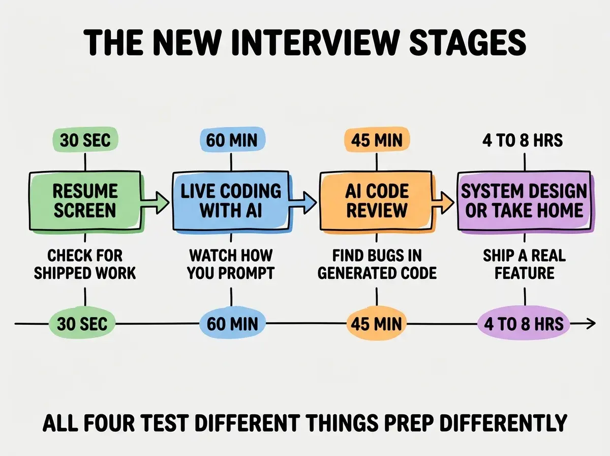 EXPLAINER DIAGRAM titled THE NEW INTERVIEW STAGES shown as a horizontal flow on a slate background with four colored stages connected by arrows. Stage 1 in green labeled RESUME SCREEN, sublabel CHECK FOR SHIPPED WORK, time 30 SEC. Stage 2 in blue labeled LIVE CODING WITH AI, sublabel WATCH HOW YOU PROMPT, time 60 MIN. Stage 3 in orange labeled AI CODE REVIEW, sublabel FIND BUGS IN GENERATED CODE, time 45 MIN. Stage 4 in purple labeled SYSTEM DESIGN OR TAKE HOME, sublabel SHIP A REAL FEATURE, time 4 TO 8 HRS. Footer reads ALL FOUR STAGES TEST DIFFERENT THINGS PREP DIFFERENTLY FOR EACH.