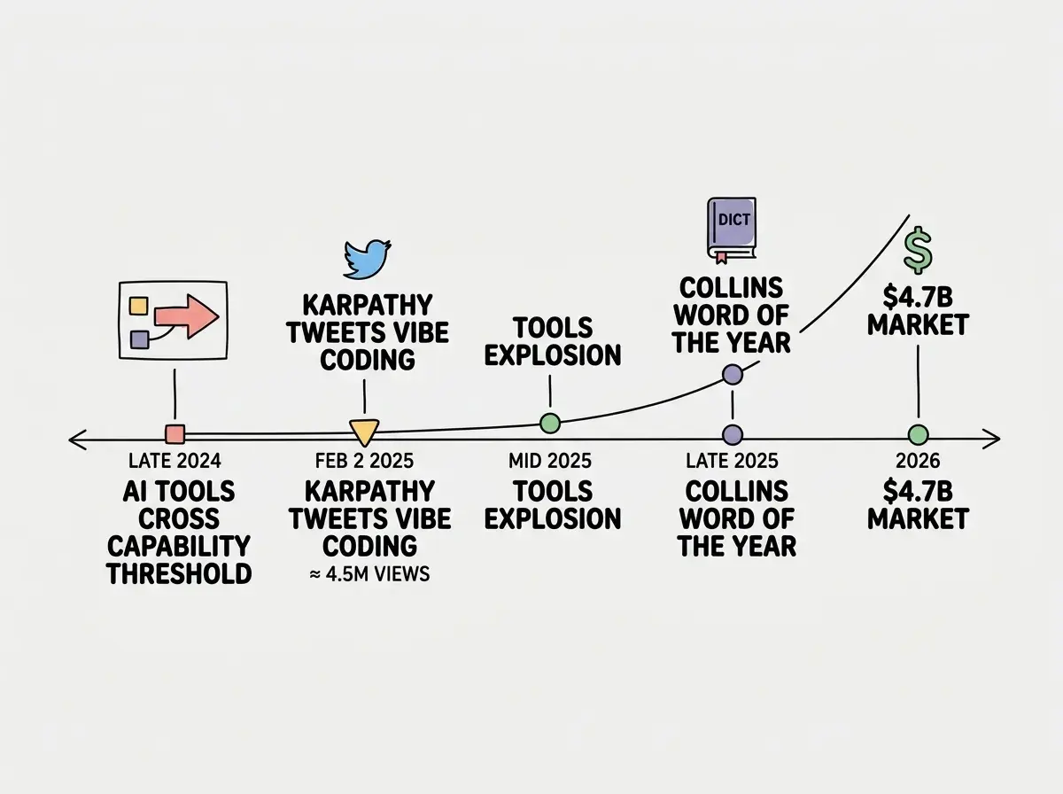 EXPLAINER DIAGRAM: A horizontal timeline flowing left to right with five milestone markers. First marker labeled LATE 2024 with text AI TOOLS CROSS CAPABILITY THRESHOLD. Second marker labeled FEB 2 2025 with a highlighted tweet icon and text KARPATHY TWEETS VIBE CODING with 4.5M VIEWS noted below. Third marker labeled MID 2025 with text TOOLS EXPLOSION showing logos placeholder for Cursor, Lovable, Bolt. Fourth marker labeled LATE 2025 with a dictionary icon and text COLLINS WORD OF THE YEAR. Fifth marker labeled 2026 with a dollar sign icon and text $4.7B MARKET. An arcing line connects all markers showing exponential growth.