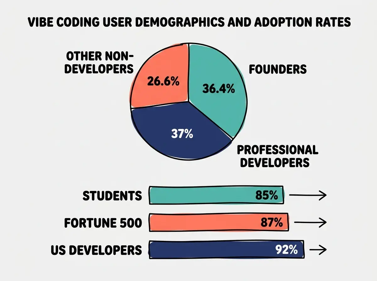 EXPLAINER DIAGRAM: A pie chart split into segments showing vibe coding user demographics. Largest segment in teal labeled FOUNDERS at 36.4%. Second segment in coral labeled OTHER NON-DEVELOPERS at 26.6%. Third segment in navy labeled PROFESSIONAL DEVELOPERS at 37%. Below the pie chart, three horizontal bar graphs showing adoption rates: STUDENTS at 85%, FORTUNE 500 at 87%, US DEVELOPERS at 92%. Clean white background with minimal styling.