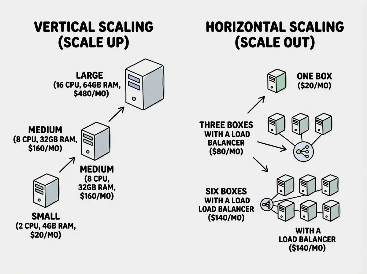 EXPLAINER DIAGRAM: A split comparison showing two approaches to scaling. On the left side labeled VERTICAL SCALING (Scale Up), a single server box grows progressively larger through three stages: small (2 CPU, 4GB RAM, $20/mo), medium (8 CPU, 32GB RAM, $160/mo), and large (16 CPU, 64GB RAM, $480/mo). On the right side labeled HORIZONTAL SCALING (Scale Out), identical small server boxes multiply: one box ($20/mo), then three boxes with a load balancer ($80/mo), then six boxes with a load balancer ($140/mo). Arrows show the growth direction for each approach.