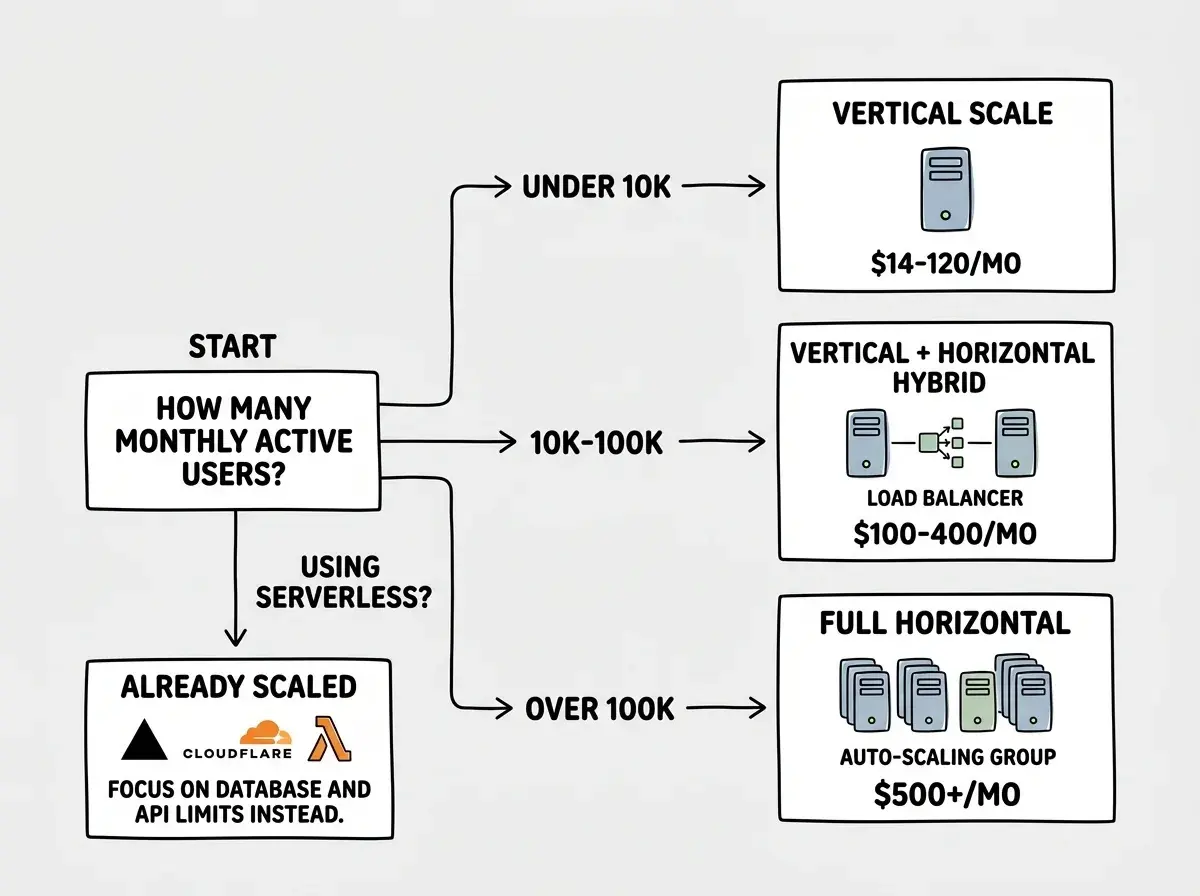 EXPLAINER DIAGRAM: A decision flowchart for choosing a scaling strategy. Starting box asks 'How many monthly active users?' with three branches. Under 10K leads to 'Vertical Scale' with a single server icon and cost range $14-120/mo. 10K-100K leads to 'Vertical + Horizontal Hybrid' showing two servers behind a load balancer and cost range $100-400/mo. Over 100K leads to 'Full Horizontal' showing auto-scaling group of multiple servers and cost range $500+/mo. A separate branch from the start labeled 'Using Serverless?' leads to 'Already Scaled' with logos for Vercel, Cloudflare, and Lambda, noting 'Focus on database and API limits instead.'