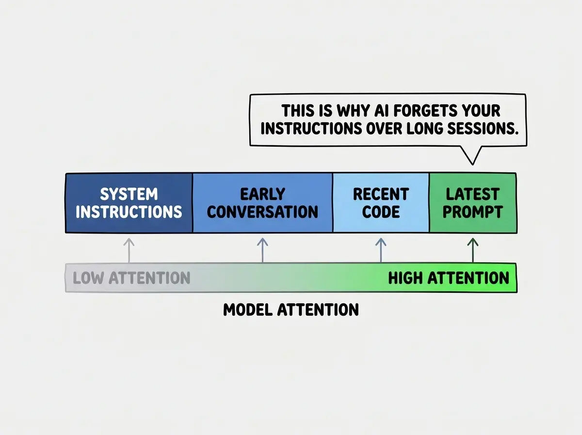 EXPLAINER DIAGRAM: A horizontal rectangle representing a CONTEXT WINDOW divided into sections from left to right. The leftmost section is labeled SYSTEM INSTRUCTIONS in dark blue, next is EARLY CONVERSATION in medium blue, then RECENT CODE in light blue, and the rightmost section is labeled LATEST PROMPT in green. Below the rectangle, a gradient bar labeled MODEL ATTENTION runs from left to right, showing LOW ATTENTION in faded gray on the left transitioning to HIGH ATTENTION in bright green on the right. Arrows from the attention bar point up to each section showing that earlier content receives less attention. A callout reads THIS IS WHY AI FORGETS YOUR INSTRUCTIONS OVER LONG SESSIONS.