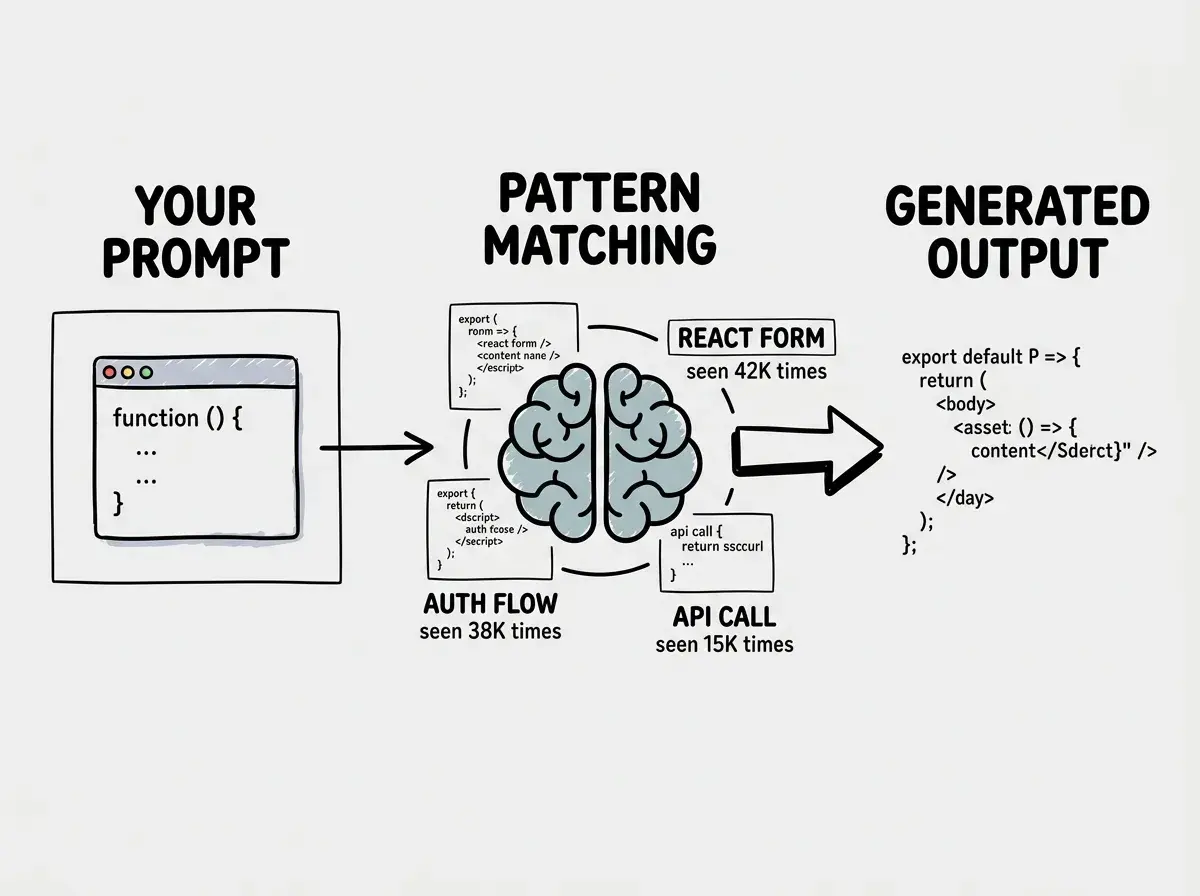 EXPLAINER DIAGRAM: A three-layer horizontal flow from left to right. Layer 1 labeled YOUR PROMPT shows a code editor with a partial function. Layer 2 labeled PATTERN MATCHING shows a large brain icon surrounded by six floating code snippet boxes connected by dotted lines, each labeled with tags like REACT FORM seen 42K times, AUTH FLOW seen 38K times, and API CALL seen 15K times. An arrow from the most frequently seen snippet leads to Layer 3 labeled GENERATED OUTPUT showing completed code. Below the diagram, a note reads THE MODEL PICKS THE PATTERN IT HAS SEEN MOST OFTEN, NOT THE PATTERN THAT IS CORRECT FOR YOUR CASE.