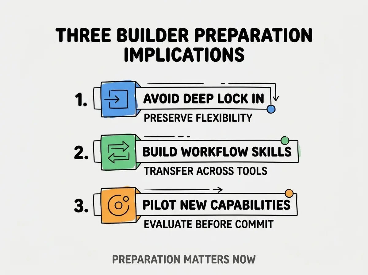 Clean modern flat infographic on light gray background. Top title bold black: THREE BUILDER PREPARATION IMPLICATIONS. Single vertical numbered list with three rows. Row 1 blue badge AVOID DEEP LOCK IN with subtitle PRESERVE FLEXIBILITY. Row 2 green badge BUILD WORKFLOW SKILLS with subtitle TRANSFER ACROSS TOOLS. Row 3 orange badge PILOT NEW CAPABILITIES with subtitle EVALUATE BEFORE COMMIT. Footer text dark gray: PREPARATION MATTERS NOW. Each label appears exactly once. No duplicated text.