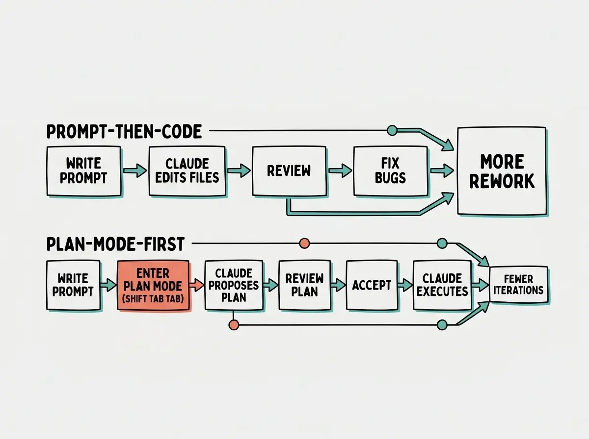 EXPLAINER DIAGRAM: A horizontal flow with two parallel lanes comparing PROMPT-THEN-CODE on top and PLAN-MODE-FIRST on the bottom. Top lane has four boxes: WRITE PROMPT, CLAUDE EDITS FILES, REVIEW, FIX BUGS. Bottom lane has six boxes: WRITE PROMPT, ENTER PLAN MODE (shift tab tab), CLAUDE PROPOSES PLAN, REVIEW PLAN, ACCEPT, CLAUDE EXECUTES. The bottom lane converges to a smaller box labeled FEWER ITERATIONS while the top lane converges to a larger box labeled MORE REWORK. Teal arrows, coral accent on plan mode box.