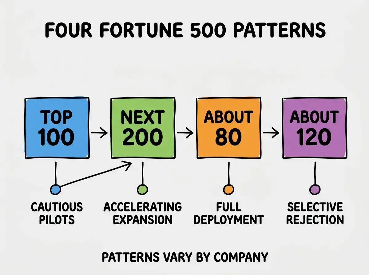 EXPLAINER DIAGRAM titled FOUR FORTUNE 500 PATTERNS shown as a horizontal four-column chart on a slate background. Column 1 colored blue TOP 100 label CAUTIOUS PILOTS. Column 2 colored green NEXT 200 label ACCELERATING EXPANSION. Column 3 colored orange ABOUT 80 label FULL DEPLOYMENT. Column 4 colored purple ABOUT 120 label SELECTIVE REJECTION. Footer reads PATTERNS VARY BY COMPANY.