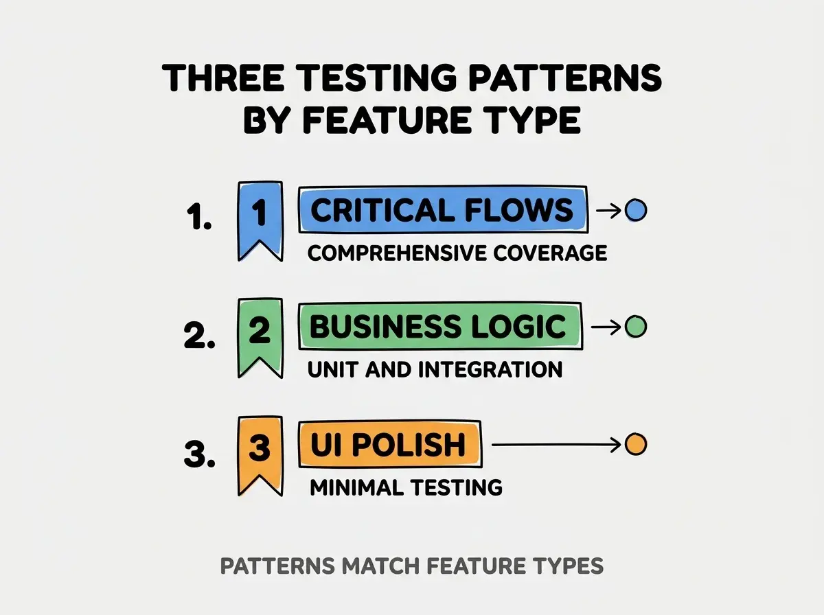 Clean modern flat infographic on light gray background. Top title bold black: THREE TESTING PATTERNS BY FEATURE TYPE. Single vertical numbered list with three rows. Row 1 blue badge CRITICAL FLOWS with subtitle COMPREHENSIVE COVERAGE. Row 2 green badge BUSINESS LOGIC with subtitle UNIT AND INTEGRATION. Row 3 orange badge UI POLISH with subtitle MINIMAL TESTING. Footer text dark gray: PATTERNS MATCH FEATURE TYPES. Each label appears exactly once. No duplicated text.