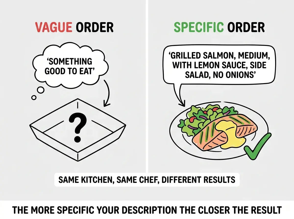 EXPLAINER DIAGRAM: Two side-by-side boxes on a light gray background. Left box labeled WITHOUT AUDIENCE in a red-tinted frame shows a simple wireframe of a settings page with small text, dense form fields, and a tiny Save button, with a label below reading GENERIC. Right box labeled WITH AUDIENCE in a green-tinted frame shows a wireframe of a settings page with large text, spacious form fields with helper descriptions underneath each one, and a large prominent Save button, with a label below reading DESIGNED FOR REAL PEOPLE. Between the two boxes a vertical arrow points from left to right with the text 'add two sentences about your user' along the arrow shaft.