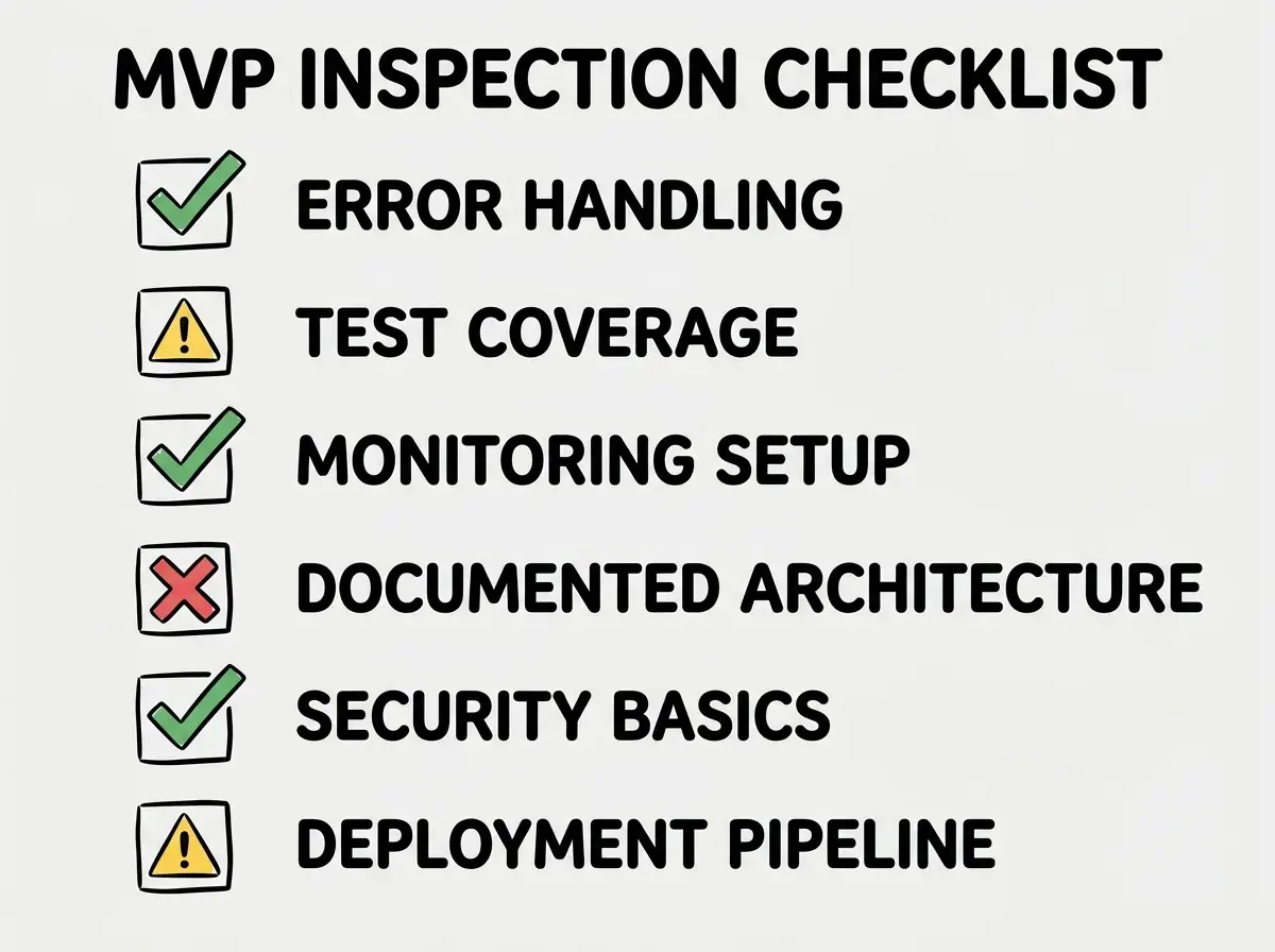 Vertical checklist diagram with six rows. Each row has a checkbox icon on the left, a label in ALL CAPS on the right. Row 1 reads ERROR HANDLING with a green checkmark. Row 2 reads TEST COVERAGE with a yellow warning triangle. Row 3 reads MONITORING SETUP with a green checkmark. Row 4 reads DOCUMENTED ARCHITECTURE with a red X mark. Row 5 reads SECURITY BASICS with a green checkmark. Row 6 reads DEPLOYMENT PIPELINE with a yellow warning triangle. A header reads MVP INSPECTION CHECKLIST in bold. Uses blue and white with red and green accent indicators.