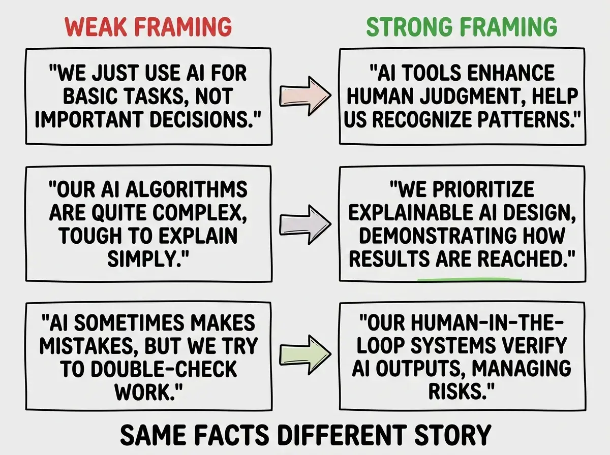Two-column comparison diagram. Left column header reads WEAK FRAMING in red text, with three rows of quoted text showing defensive statements about AI tools. Right column header reads STRONG FRAMING in green text, with three matching rows showing confident reframings. An arrow points from left to right between each pair. Bottom text reads SAME FACTS DIFFERENT STORY. Uses white background with red and green column headers.