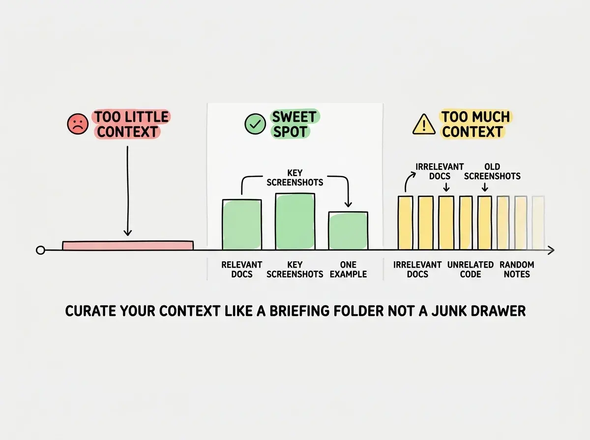 EXPLAINER DIAGRAM: A horizontal bar chart or spectrum visualization. The left end is labeled TOO LITTLE CONTEXT in red with a sad face icon, showing a single thin bar. The middle section is labeled SWEET SPOT in green with a checkmark, showing three medium bars labeled Relevant Docs, Key Screenshots, and One Example. The right end is labeled TOO MUCH CONTEXT in yellow with a warning icon, showing eight thin bars crammed together, some labeled Irrelevant Docs, Old Screenshots, Unrelated Code, Random Notes, and others fading out. Below the spectrum a single line of text reads CURATE YOUR CONTEXT LIKE A BRIEFING FOLDER NOT A JUNK DRAWER. Background is white with subtle section dividers between the three zones.