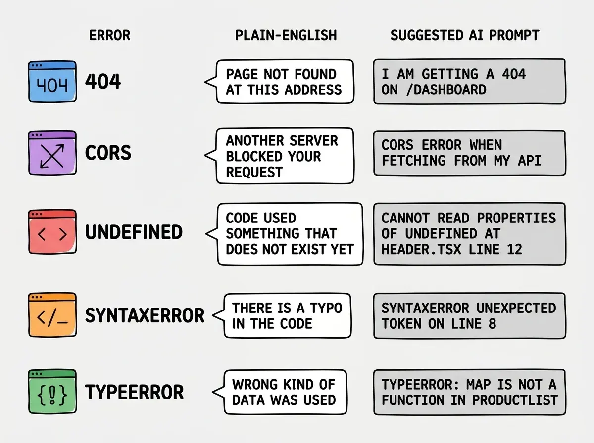 EXPLAINER DIAGRAM: A vertical layout on white background showing five rows, each representing one common error type. Each row has three columns: a left column with a colored icon and error name (404 in blue, CORS in purple, Undefined in red, SyntaxError in orange, TypeError in green), a middle column with a short plain-English translation in a speech bubble shape, and a right column showing a one-line suggested AI prompt in a gray code-style box. The 404 row reads 'Page not found at this address' with prompt 'I am getting a 404 on /dashboard'. The CORS row reads 'Another server blocked your request' with prompt 'CORS error when fetching from my API'. The Undefined row reads 'Code used something that does not exist yet' with prompt 'Cannot read properties of undefined at Header.tsx line 12'. The SyntaxError row reads 'There is a typo in the code' with prompt 'SyntaxError unexpected token on line 8'. The TypeError row reads 'Wrong kind of data was used' with prompt 'TypeError: map is not a function in ProductList'.
