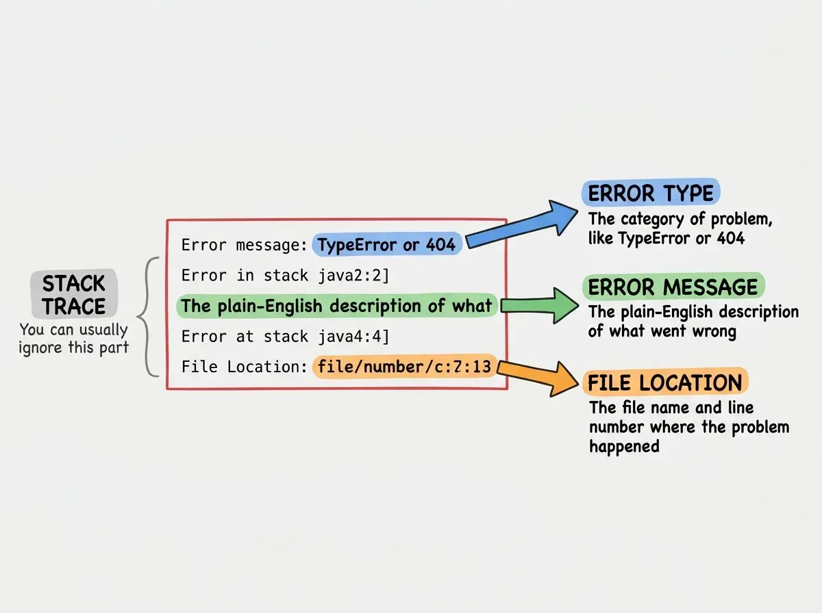 EXPLAINER DIAGRAM: A horizontal layout on a light gray background showing the anatomy of an error message. On the left, a red-bordered rectangle contains five stacked lines of sample error text. Three colored arrows point from specific lines to labeled callout boxes on the right. Arrow 1 (blue) points from the first line to a box labeled ERROR TYPE reading 'The category of problem, like TypeError or 404'. Arrow 2 (green) points from the third line to a box labeled ERROR MESSAGE reading 'The plain-English description of what went wrong'. Arrow 3 (orange) points from the fifth line to a box labeled FILE LOCATION reading 'The file name and line number where the problem happened'. A large bracket on the far left groups lines 2 and 4 with a gray label reading STACK TRACE with subtext You can usually ignore this part.