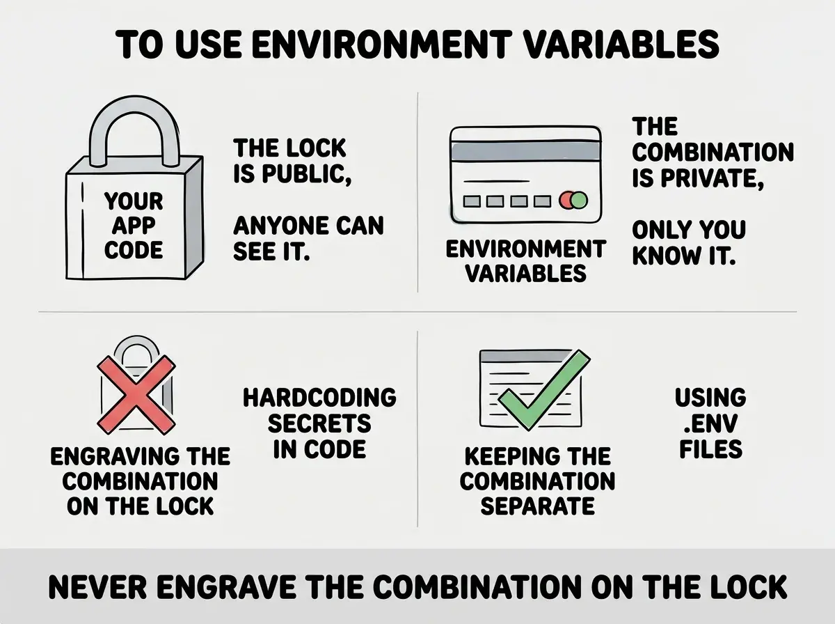 EXPLAINER DIAGRAM: Three horizontal panels stacked vertically, each showing a common error scenario. Top panel labeled UNDEFINED ERROR shows a code snippet with process.env.STRIPE_KEY highlighted in red, an arrow pointing to an .env file where STRIPE_SECRET_KEY is shown, and a label reading NAME MISMATCH between the two. Middle panel labeled WORKS LOCALLY BUT CRASHES IN PRODUCTION shows a laptop icon with a green checkmark and a cloud server icon with a red X, connected by an arrow labeled MISSING VARIABLES IN HOSTING DASHBOARD. Bottom panel labeled WRONG KEYS IN WRONG ENVIRONMENT shows two key icons, one labeled sk_test going into a production server and one labeled sk_live going into a development laptop, with a red warning symbol and the label SWAPPED CREDENTIALS. Teal and coral color scheme.