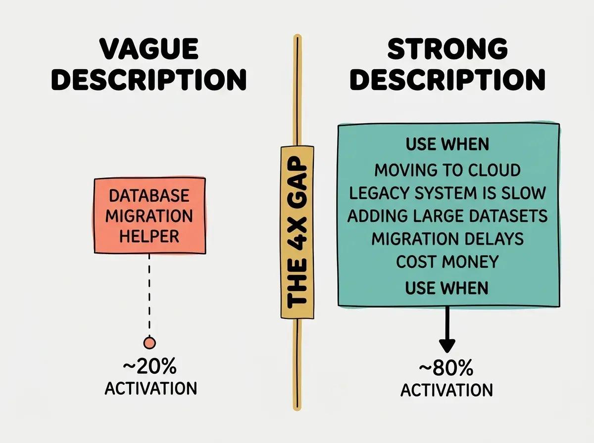 EXPLAINER DIAGRAM: A side-by-side comparison on light gray background. Left column header VAGUE DESCRIPTION shows a small coral box reading 'Database migration helper' with a thin dashed line below leading to a small percentage label '~20% ACTIVATION'. Right column header STRONG DESCRIPTION shows a much larger teal box with 'USE WHEN' framing and multiple lines of trigger language, with a thick solid line below leading to a percentage label '~80% ACTIVATION'. Between the two columns a vertical golden divider with text 'THE 4X GAP'.