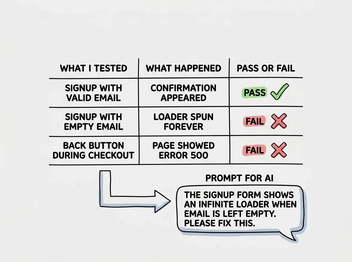 EXPLAINER DIAGRAM: A simple three-column table acting as a test log. Column headers are WHAT I TESTED, WHAT HAPPENED, and PASS OR FAIL. Three rows of example entries: Row 1 shows Signup with valid email, Confirmation appeared, PASS with a green checkmark. Row 2 shows Signup with empty email, Loader spun forever, FAIL with a red X. Row 3 shows Back button during checkout, Page showed error 500, FAIL with a red X. Below the table, an arrow points from the FAIL rows to a chat bubble labeled PROMPT FOR AI showing the text: The signup form shows an infinite loader when email is left empty. Please fix this.