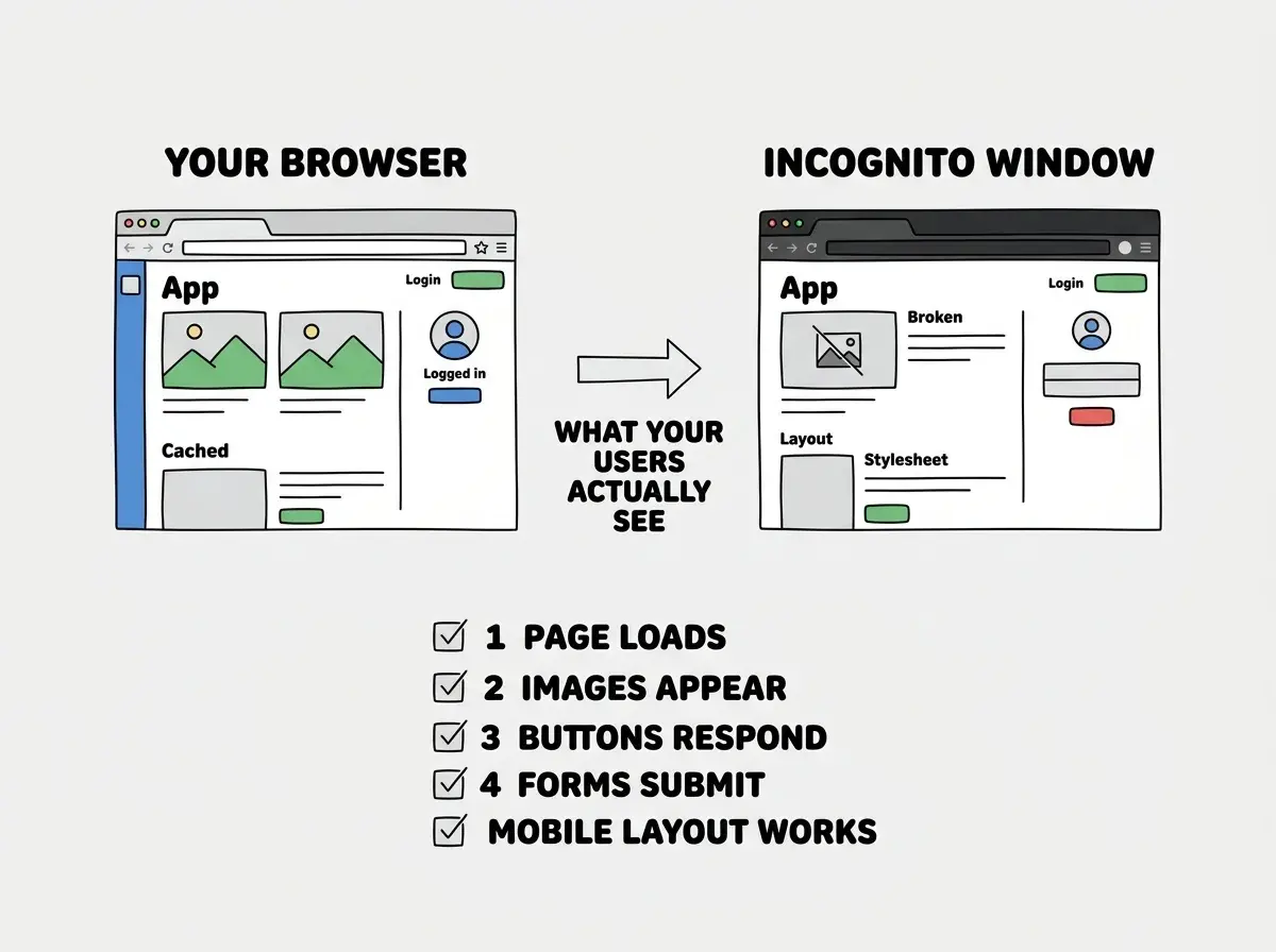 EXPLAINER DIAGRAM: A comparison showing two browser windows side by side. The left window is labeled YOUR BROWSER and shows a fully loaded app with images, a logged-in user avatar, and cached content. The right window is labeled INCOGNITO WINDOW and shows the same app with a broken image icon, a login prompt instead of user content, and a missing stylesheet causing layout issues. An arrow between them reads WHAT YOUR USERS ACTUALLY SEE. Below the comparison, five numbered checkboxes list: 1 Page loads, 2 Images appear, 3 Buttons respond, 4 Forms submit, 5 Mobile layout works.