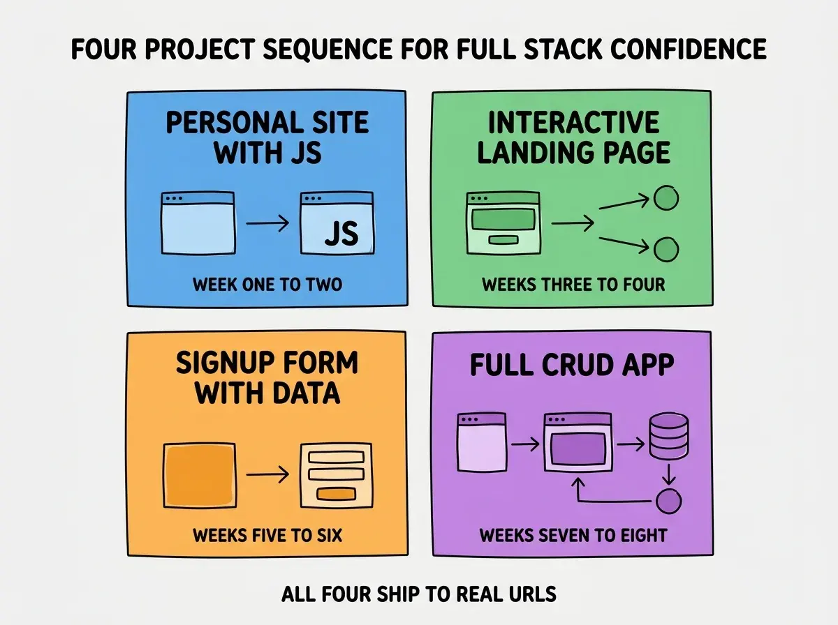 EXPLAINER DIAGRAM titled FOUR PROJECT SEQUENCE FOR FULL STACK CONFIDENCE shown as a 2x2 grid of quadrants on a slate background. Top left blue PERSONAL SITE WITH JS sublabel WEEK ONE TO TWO. Top right green INTERACTIVE LANDING PAGE sublabel WEEKS THREE TO FOUR. Bottom left orange SIGNUP FORM WITH DATA sublabel WEEKS FIVE TO SIX. Bottom right purple FULL CRUD APP sublabel WEEKS SEVEN TO EIGHT. Center label reads BUILD CONFIDENCE THROUGH SHIPPING. Footer reads ALL FOUR SHIP TO REAL URLS.