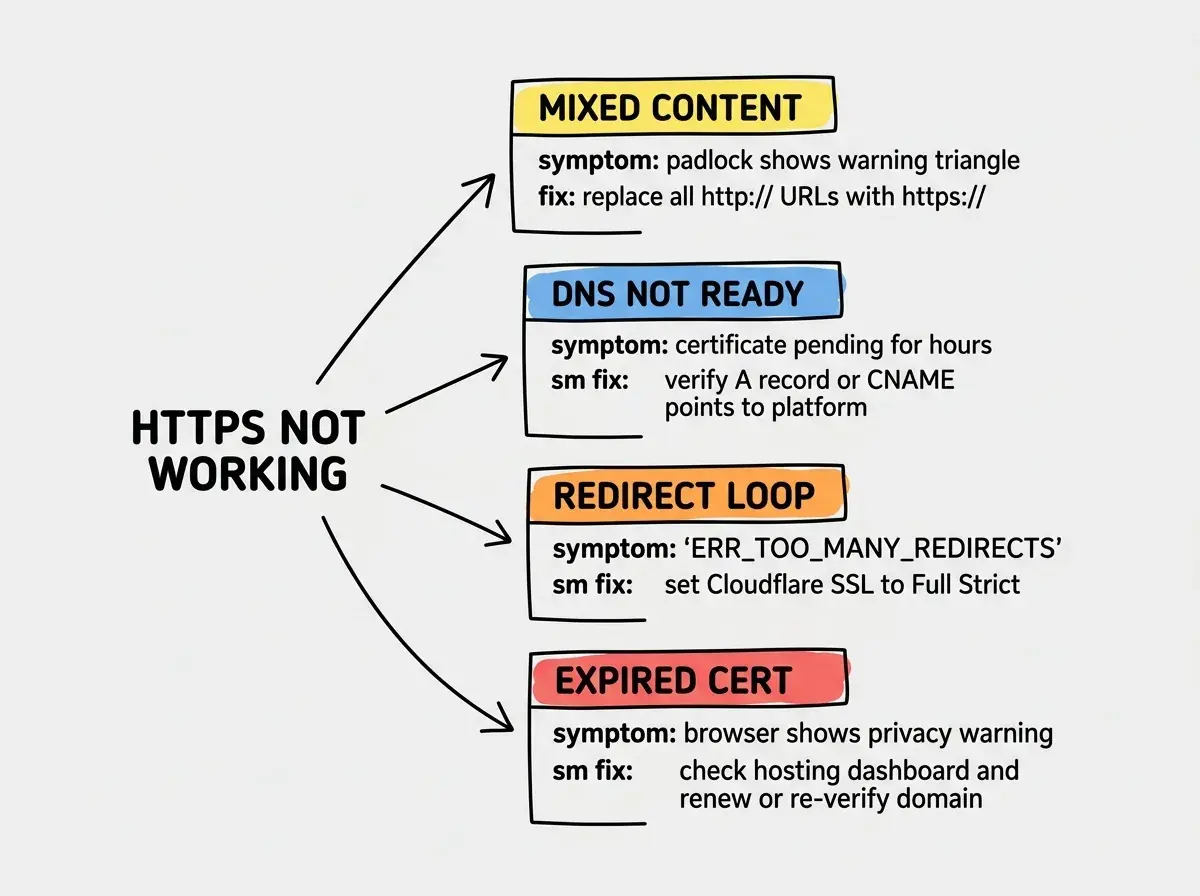 EXPLAINER DIAGRAM: A troubleshooting flowchart with four branches. Starting from a central node labeled HTTPS NOT WORKING, four arrows lead to four diagnostic boxes. First box labeled MIXED CONTENT has the symptom 'padlock shows warning triangle' and the fix 'replace all http:// URLs with https://'. Second box labeled DNS NOT READY has the symptom 'certificate pending for hours' and the fix 'verify A record or CNAME points to platform'. Third box labeled REDIRECT LOOP has the symptom 'ERR_TOO_MANY_REDIRECTS' and the fix 'set Cloudflare SSL to Full Strict'. Fourth box labeled EXPIRED CERT has the symptom 'browser shows privacy warning' and the fix 'check hosting dashboard and renew or re-verify domain'. Each box is color-coded: yellow for mixed content, blue for DNS, orange for redirect loop, red for expired cert.