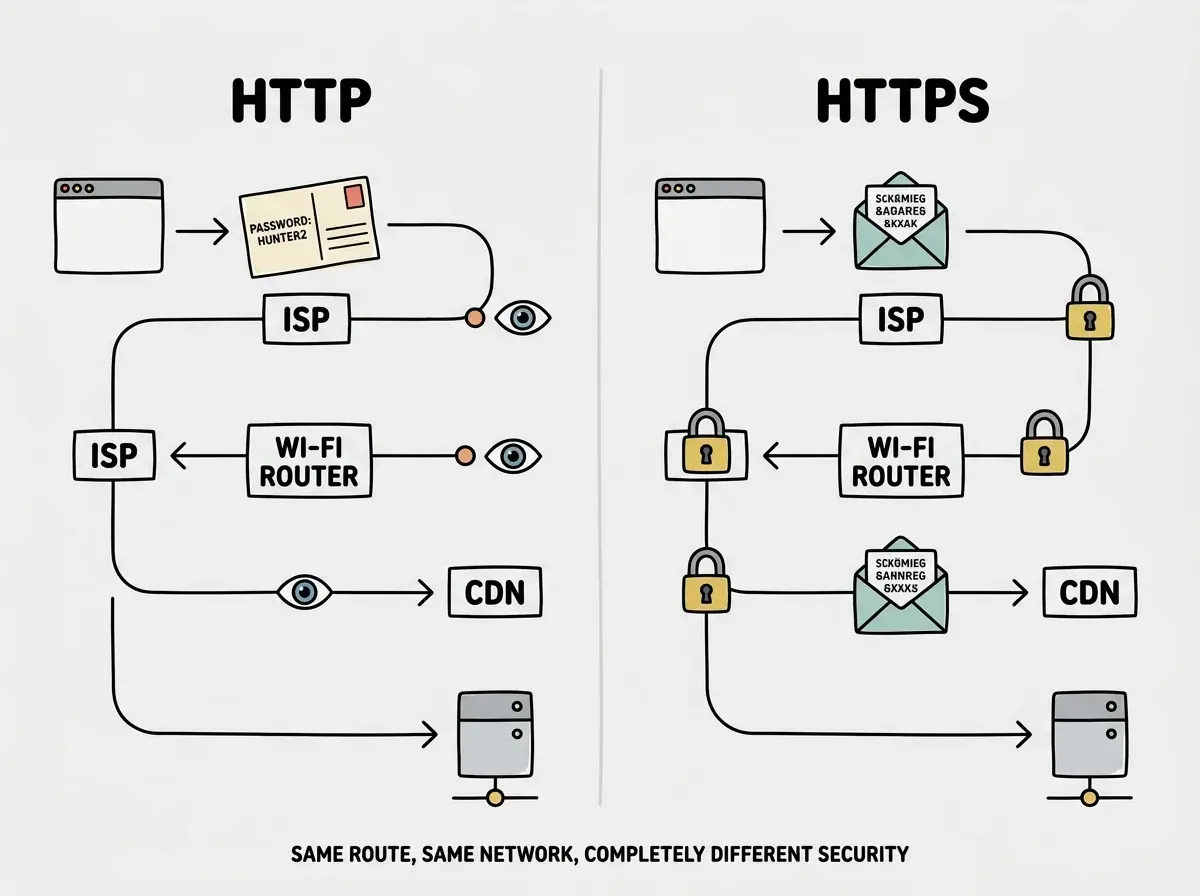 EXPLAINER DIAGRAM: A side-by-side comparison showing two paths. On the left, a path labeled HTTP shows a browser icon sending a postcard labeled 'password: hunter2' through three waypoints (labeled ISP, Wi-Fi Router, CDN) to a server, with an eye icon at each waypoint indicating the data is visible. On the right, a path labeled HTTPS shows the same browser sending a sealed envelope through the same three waypoints to the same server, with a lock icon at each waypoint and the text inside shown as scrambled characters. A small annotation at the bottom reads: Same route, same network, completely different security.