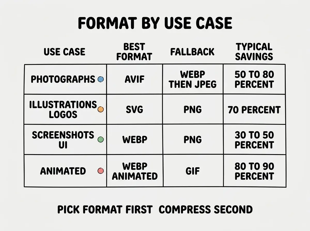 EXPLAINER DIAGRAM titled FORMAT BY USE CASE shown as a four row table on a slate background. Columns USE CASE, BEST FORMAT, FALLBACK, TYPICAL SAVINGS. Row 1 USE CASE PHOTOGRAPHS, BEST AVIF, FALLBACK WEBP THEN JPEG, SAVINGS 50 TO 80 PERCENT. Row 2 USE CASE ILLUSTRATIONS LOGOS, BEST SVG, FALLBACK PNG, SAVINGS 70 PERCENT MOSTLY ZERO QUALITY LOSS. Row 3 USE CASE SCREENSHOTS UI, BEST WEBP, FALLBACK PNG, SAVINGS 30 TO 50 PERCENT. Row 4 USE CASE ANIMATED, BEST WEBP ANIMATED, FALLBACK GIF, SAVINGS 80 TO 90 PERCENT. Each row has a small color coded dot. A footer reads PICK FORMAT FIRST COMPRESS SECOND.