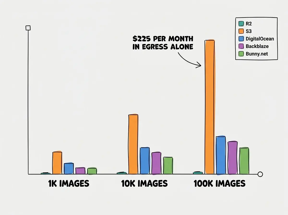 EXPLAINER DIAGRAM: A grouped bar chart comparing monthly costs across five providers at three scales. The X-axis shows three groups labeled 1K IMAGES, 10K IMAGES, and 100K IMAGES. Each group has five vertical bars for R2 (teal), S3 (orange), DigitalOcean (blue), Backblaze (purple), and Bunny.net (green). The R2 bars are barely visible at all three scales. The S3 bars grow dramatically from left to right, towering over the others at 100K. A callout annotation points to the S3 bar at 100K reading $225 PER MONTH IN EGRESS ALONE.