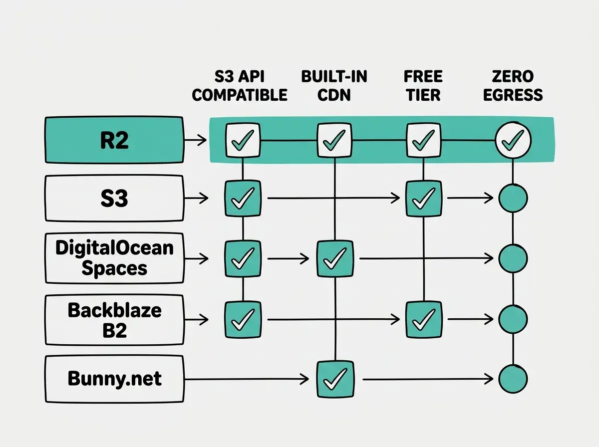EXPLAINER DIAGRAM: A comparison matrix with five rows for R2, S3, DigitalOcean Spaces, Backblaze B2, and Bunny.net, and four columns for S3 API COMPATIBLE, BUILT-IN CDN, FREE TIER, and ZERO EGRESS. R2 has checkmarks in all four columns. S3 has checkmarks in S3 API COMPATIBLE and FREE TIER only. DigitalOcean has checkmarks in S3 API COMPATIBLE and BUILT-IN CDN. Backblaze has checkmarks in S3 API COMPATIBLE and FREE TIER. Bunny.net has a checkmark only in BUILT-IN CDN. R2's row is highlighted in teal to show it is the only provider with all four features.