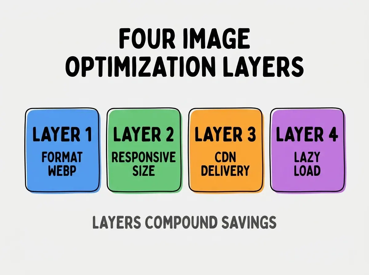 Clean modern flat infographic on light gray background. Top center bold black title text: FOUR IMAGE OPTIMIZATION LAYERS. Below title, four equal sized colored rounded rectangle cards arranged horizontally. Card 1 blue: large bold text LAYER 1 then smaller text FORMAT WEBP. Card 2 green: large bold text LAYER 2 then smaller text RESPONSIVE SIZE. Card 3 orange: large bold text LAYER 3 then smaller text CDN DELIVERY. Card 4 purple: large bold text LAYER 4 then smaller text LAZY LOAD. Single footer line below cards in dark gray text: LAYERS COMPOUND SAVINGS. Nothing else on canvas. No text outside cards or below cards.