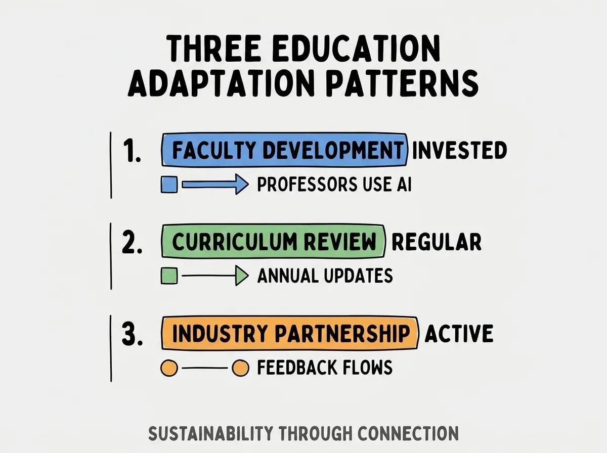 Clean modern flat infographic on light gray background. Top title bold black: THREE EDUCATION ADAPTATION PATTERNS. Single vertical numbered list with three rows. Row 1 blue badge FACULTY DEVELOPMENT INVESTED with subtitle PROFESSORS USE AI. Row 2 green badge CURRICULUM REVIEW REGULAR with subtitle ANNUAL UPDATES. Row 3 orange badge INDUSTRY PARTNERSHIP ACTIVE with subtitle FEEDBACK FLOWS. Footer text dark gray: SUSTAINABILITY THROUGH CONNECTION. Each label appears exactly once. No duplicated text.