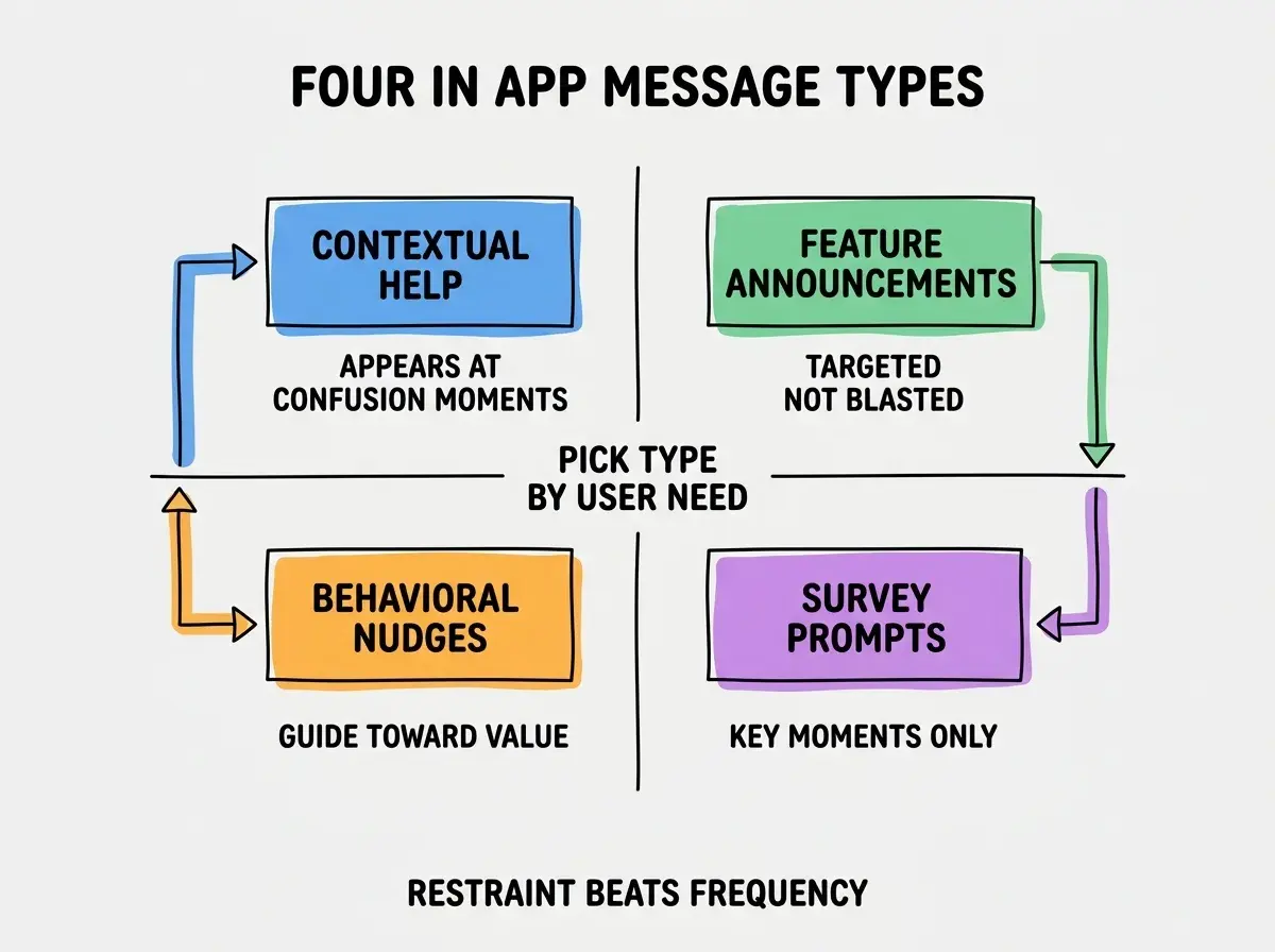EXPLAINER DIAGRAM titled FOUR IN APP MESSAGE TYPES shown as a 2x2 grid of quadrants on a slate background. Top left blue CONTEXTUAL HELP sublabel APPEARS AT CONFUSION MOMENTS. Top right green FEATURE ANNOUNCEMENTS sublabel TARGETED NOT BLASTED. Bottom left orange BEHAVIORAL NUDGES sublabel GUIDE TOWARD VALUE. Bottom right purple SURVEY PROMPTS sublabel KEY MOMENTS ONLY. Center label PICK TYPE BY USER NEED. Footer reads RESTRAINT BEATS FREQUENCY.