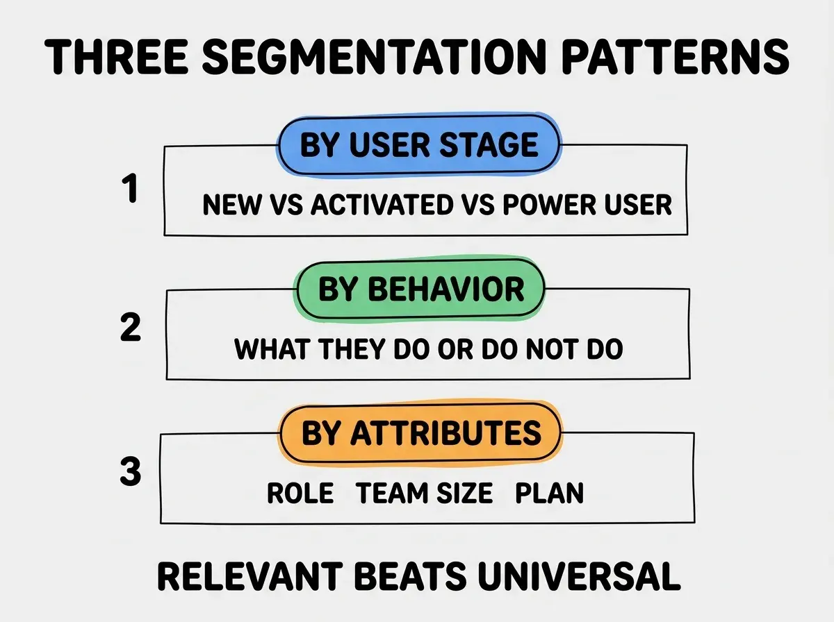 EXPLAINER DIAGRAM titled THREE SEGMENTATION PATTERNS shown as a vertical numbered list on a slate background. Three rows. Row 1 blue badge BY USER STAGE sublabel NEW VS ACTIVATED VS POWER USER. Row 2 green badge BY BEHAVIOR sublabel WHAT THEY DO OR DO NOT DO. Row 3 orange badge BY ATTRIBUTES sublabel ROLE TEAM SIZE PLAN. Footer reads RELEVANT BEATS UNIVERSAL.