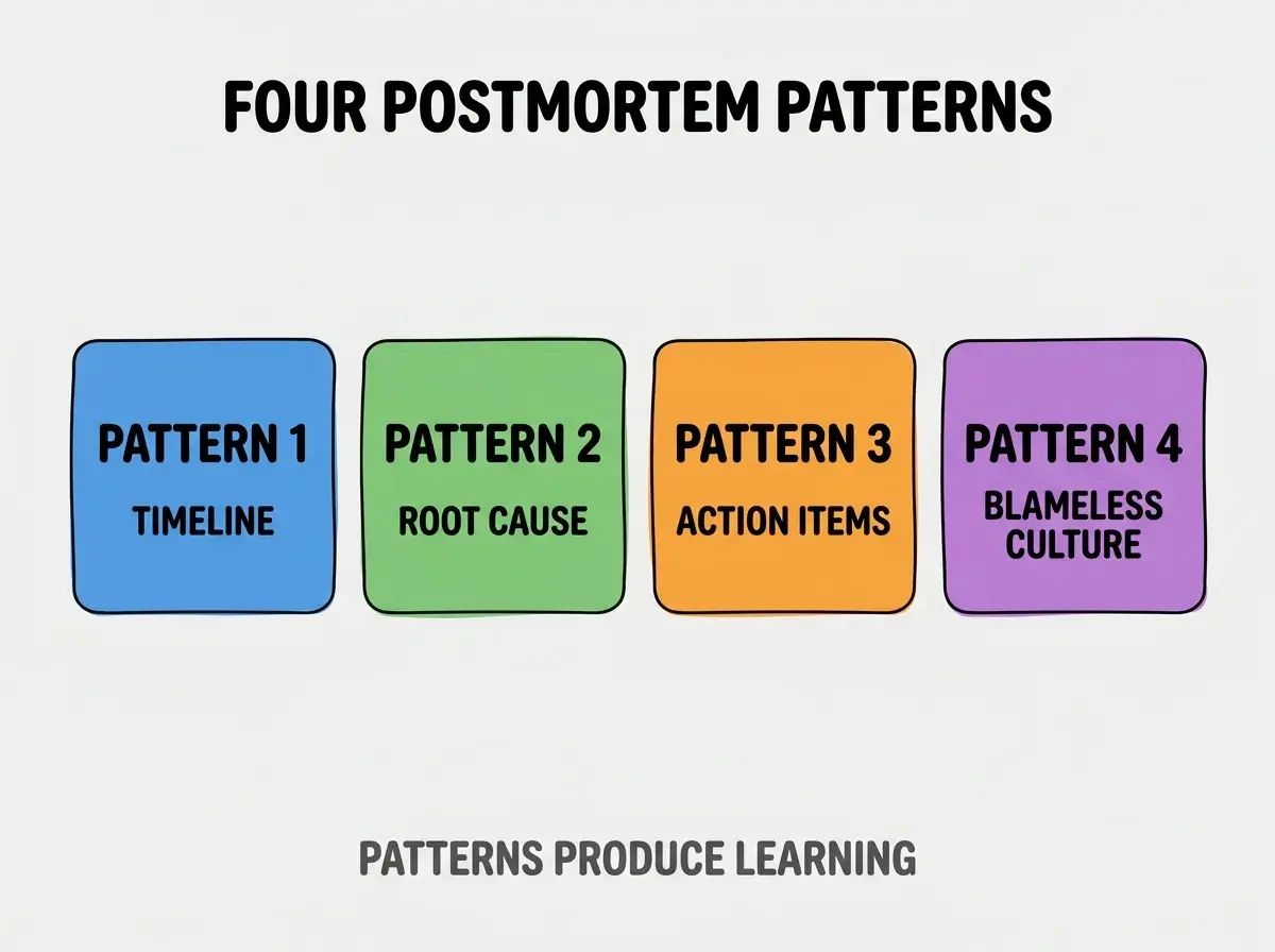 Clean modern flat infographic on light gray background. Top center bold black title text: FOUR POSTMORTEM PATTERNS. Below title, four equal sized colored rounded rectangle cards arranged horizontally. Card 1 blue: large bold text PATTERN 1 then smaller text TIMELINE RECONSTRUCTION. Card 2 green: large bold text PATTERN 2 then smaller text ROOT CAUSE ANALYSIS. Card 3 orange: large bold text PATTERN 3 then smaller text ACTION ITEM GENERATION. Card 4 purple: large bold text PATTERN 4 then smaller text BLAMELESS CULTURE. Single footer line below cards in dark gray text: PATTERNS PRODUCE LEARNING. Nothing else on canvas. No text outside cards or below cards.