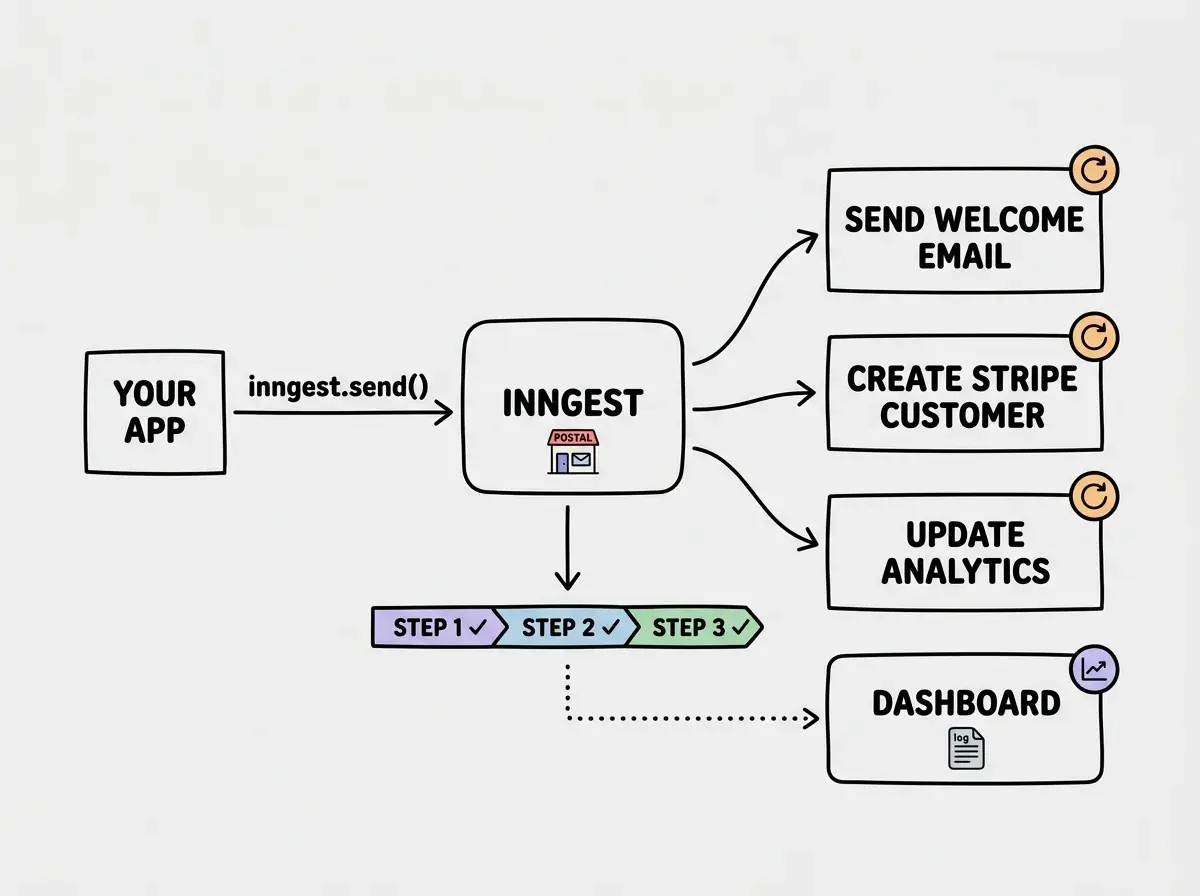 EXPLAINER DIAGRAM: A flow diagram on white background showing Inngest's event-driven architecture. On the left, a box labeled YOUR APP has an arrow labeled inngest.send() pointing to a central rounded rectangle labeled INNGEST (with a small postal sorting office icon). From the Inngest box, three arrows fan out to the right, each leading to a separate function box: SEND WELCOME EMAIL at top, CREATE STRIPE CUSTOMER in middle, UPDATE ANALYTICS at bottom. Each function box has a small retry icon (circular arrow) in its corner. Below the Inngest box, a timeline bar shows STEP 1, STEP 2, STEP 3 with checkmarks, representing the step function execution. A dotted line from the timeline connects to a box labeled DASHBOARD showing observability with a small log icon.
