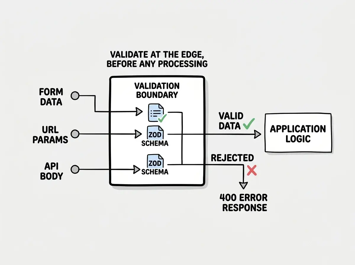 EXPLAINER DIAGRAM: A horizontal flow diagram showing data entering a system. On the left, three input sources labeled FORM DATA, URL PARAMS, and API BODY each have arrows pointing into a central VALIDATION BOUNDARY box drawn with a thick border. Inside the boundary box, a Zod schema icon checks each input. Two arrows exit the boundary: one labeled VALID DATA with a green check pointing right toward APPLICATION LOGIC, and one labeled REJECTED with a red X pointing down toward a 400 ERROR RESPONSE box. A label above the boundary reads VALIDATE AT THE EDGE, BEFORE ANY PROCESSING.